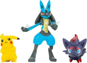 Pokemon Battle Figure Multipack Set - Features 2-Inch Pikachu and Zorua Figures Plus 3-inch Lucario Figure - Perfect for Any Trainer