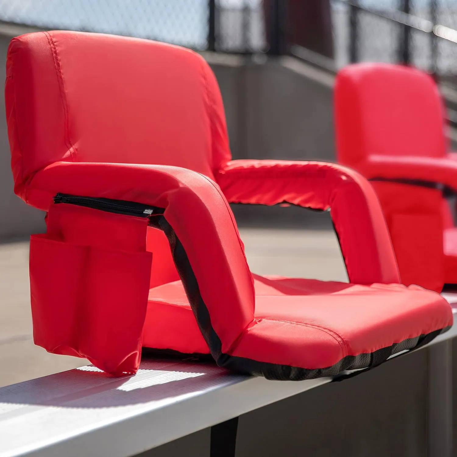 Portable Lightweight Reclining Stadium Chair-Red Padded Armrests, Back & Seat-Storage Pockets-Backpack Straps-Rear Zippered Compartment-Set of 2