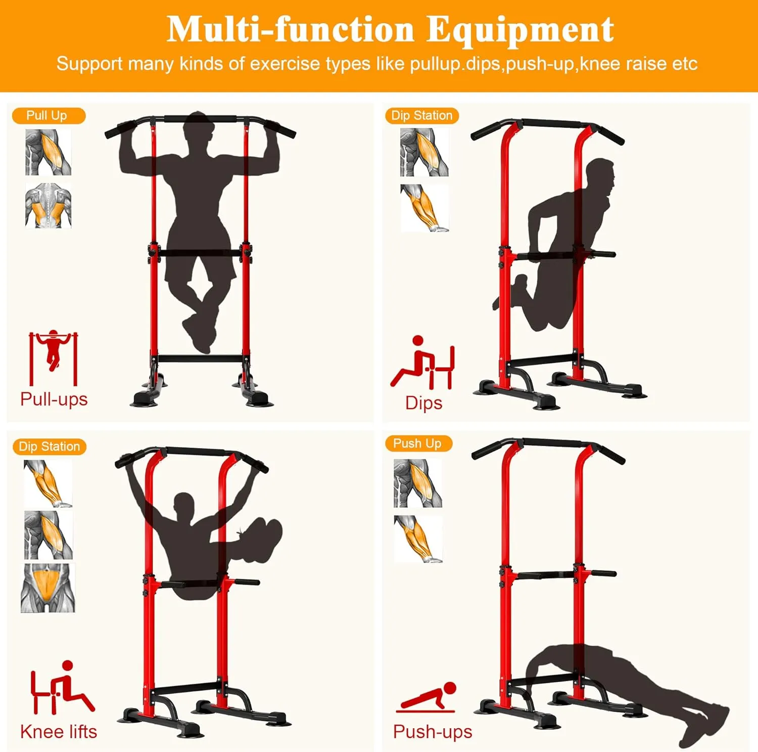 Power Tower Pull Up Bar and Dip Station, Adjustable Height Dip Stand, Fitness Workout Station,Multi-Functional Strength Training machine for home gym,Space saving, suitable for men and women(up to 400 LBS)