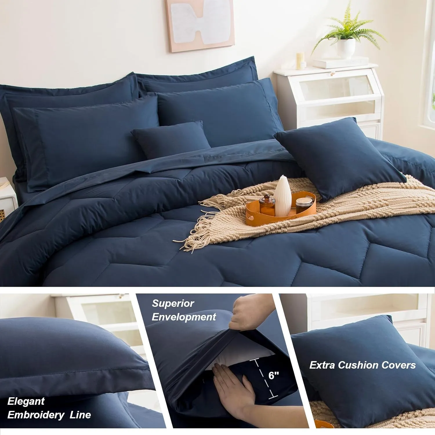 Queen Comforter Set Navy Bed in a Bag 9-Pieces,Water Wave Quilting Design Comforter Sets with Comforter, Flat Sheet, Fitted Sheet,Cushion Cover,Pillowcases & Shams (Navy, Queen)