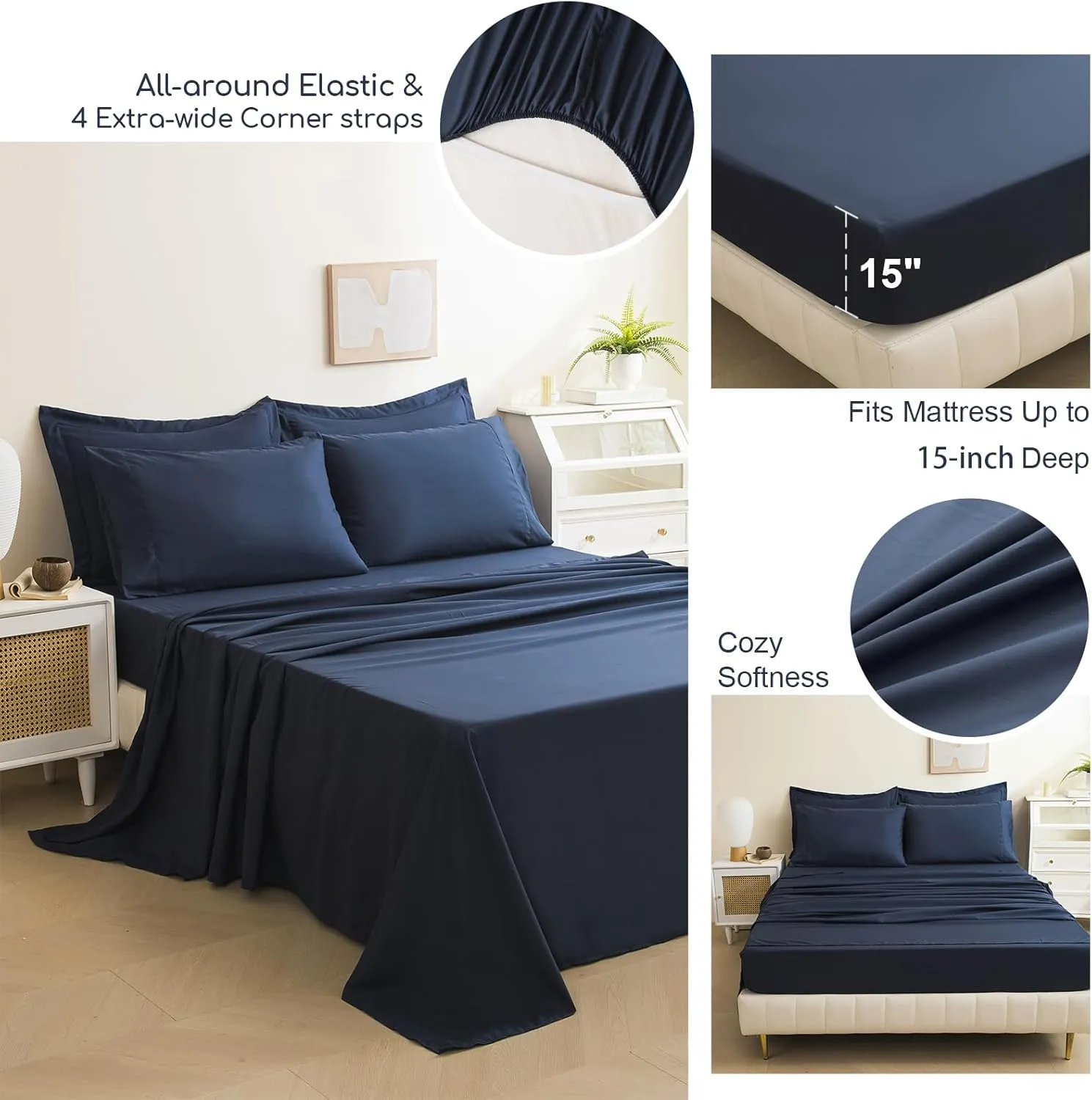 Queen Comforter Set Navy Bed in a Bag 9-Pieces,Water Wave Quilting Design Comforter Sets with Comforter, Flat Sheet, Fitted Sheet,Cushion Cover,Pillowcases & Shams (Navy, Queen)