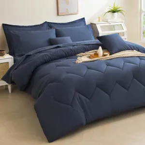 Queen Comforter Set Navy Bed in a Bag 9-Pieces,Water Wave Quilting Design Comforter Sets with Comforter, Flat Sheet, Fitted Sheet,Cushion Cover,Pillowcases & Shams (Navy, Queen)