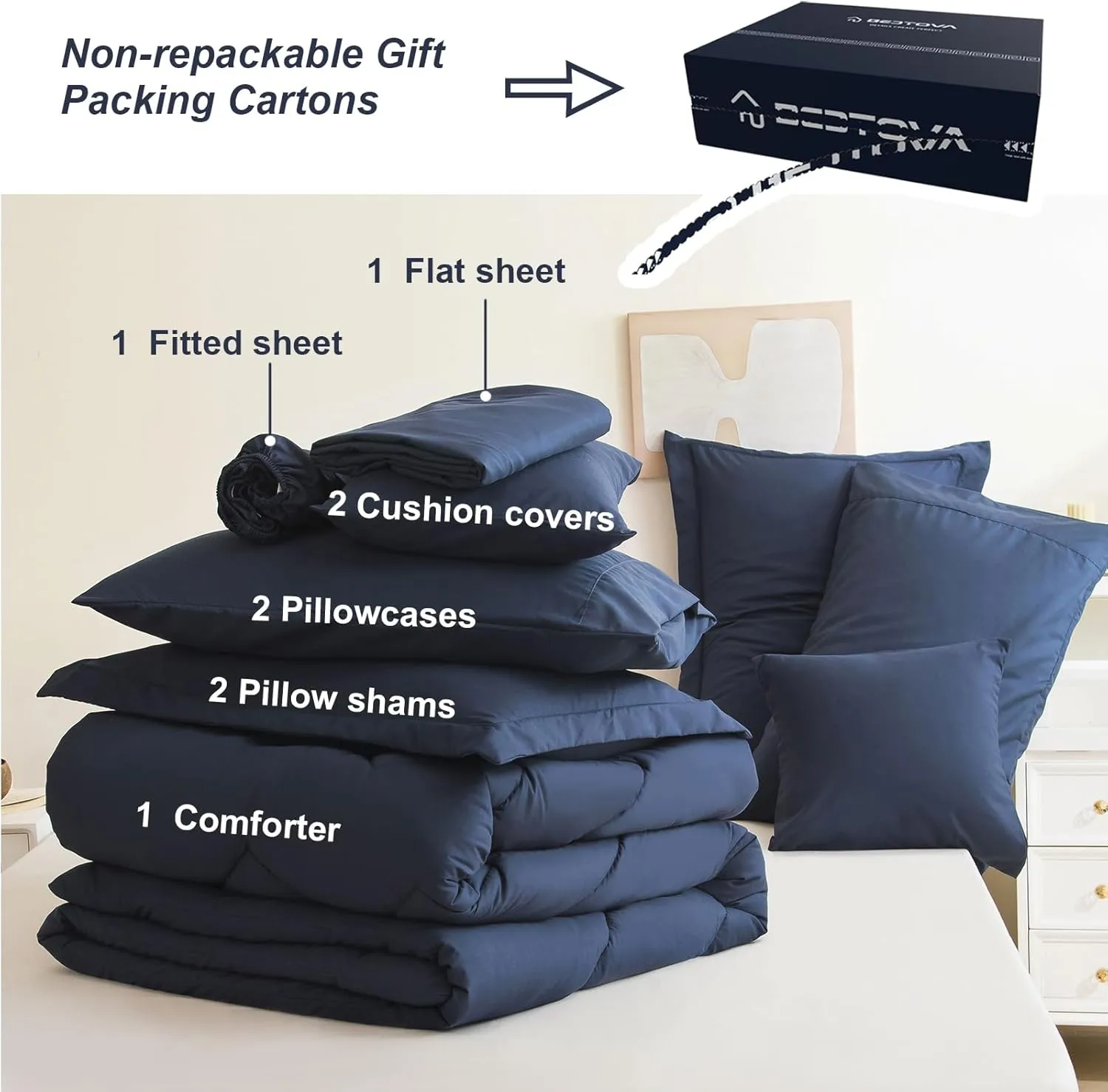 Queen Comforter Set Navy Bed in a Bag 9-Pieces,Water Wave Quilting Design Comforter Sets with Comforter, Flat Sheet, Fitted Sheet,Cushion Cover,Pillowcases & Shams (Navy, Queen)