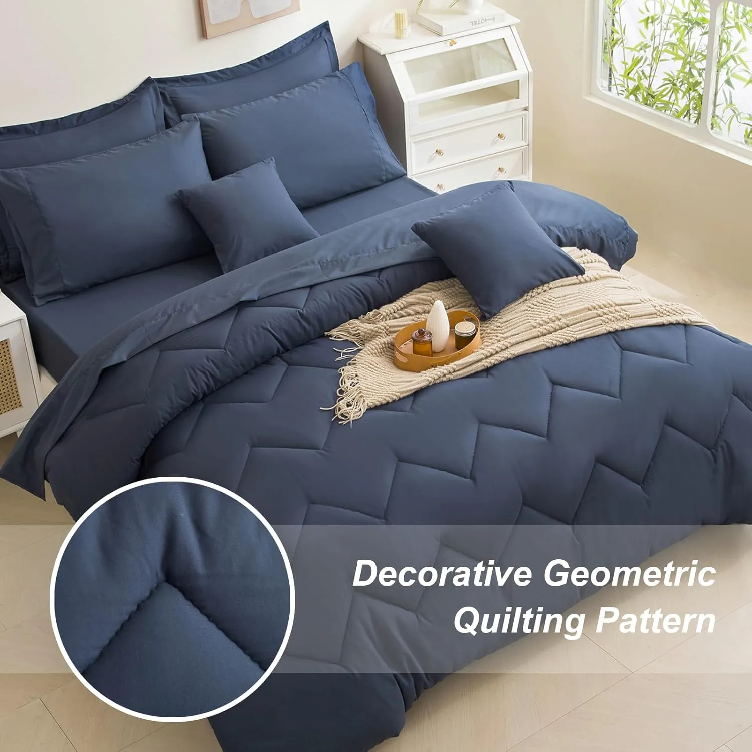 Queen Comforter Set Navy Bed in a Bag 9-Pieces,Water Wave Quilting Design Comforter Sets with Comforter, Flat Sheet, Fitted Sheet,Cushion Cover,Pillowcases & Shams (Navy, Queen)