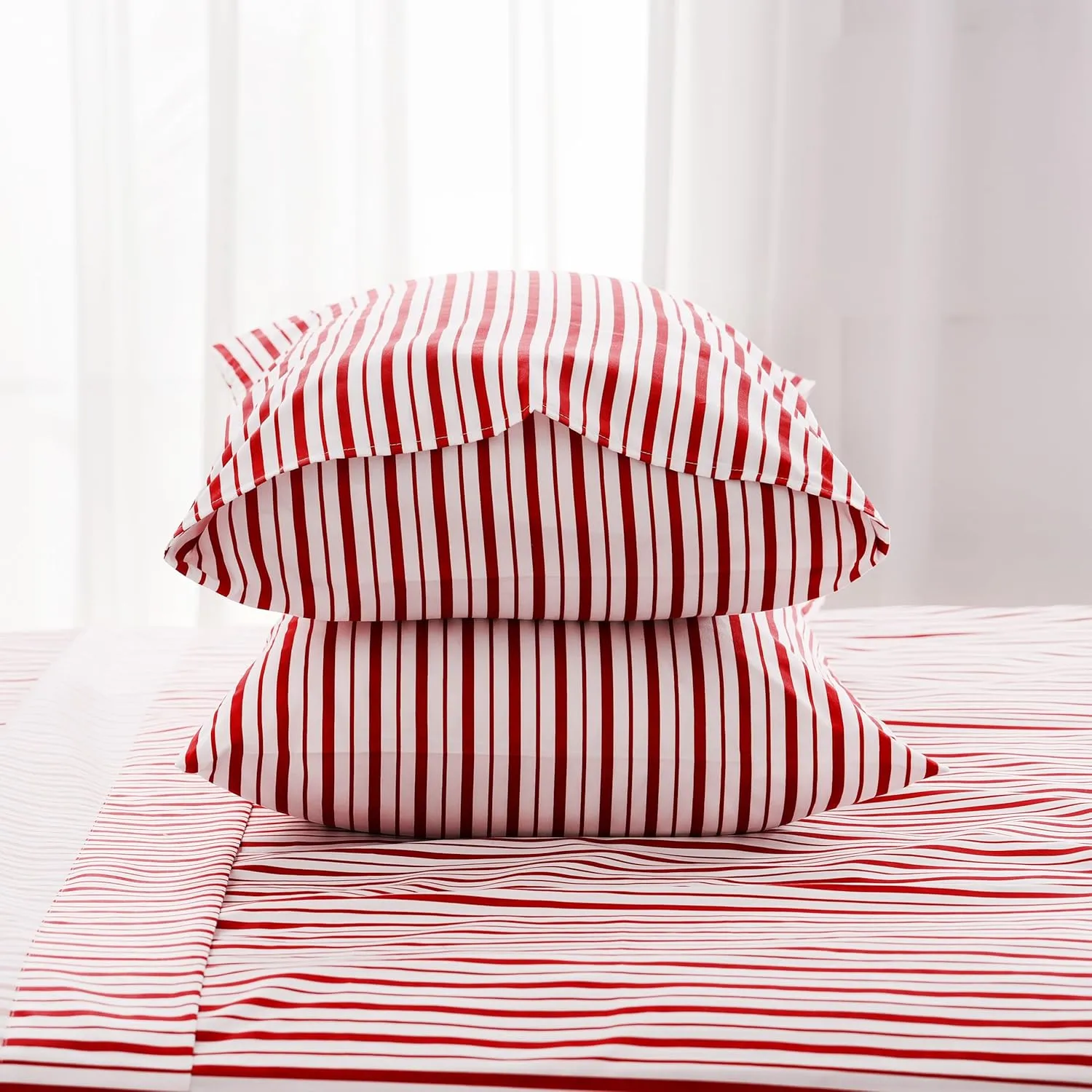 Red Striped Sheets Set Full Size 4 Piece - Super Soft, Easy Care & Breathable Red and White Pinstripe Bed Sheet Set with 16-Inch Deep Pockets, Great Gift for Christmas & Birthday