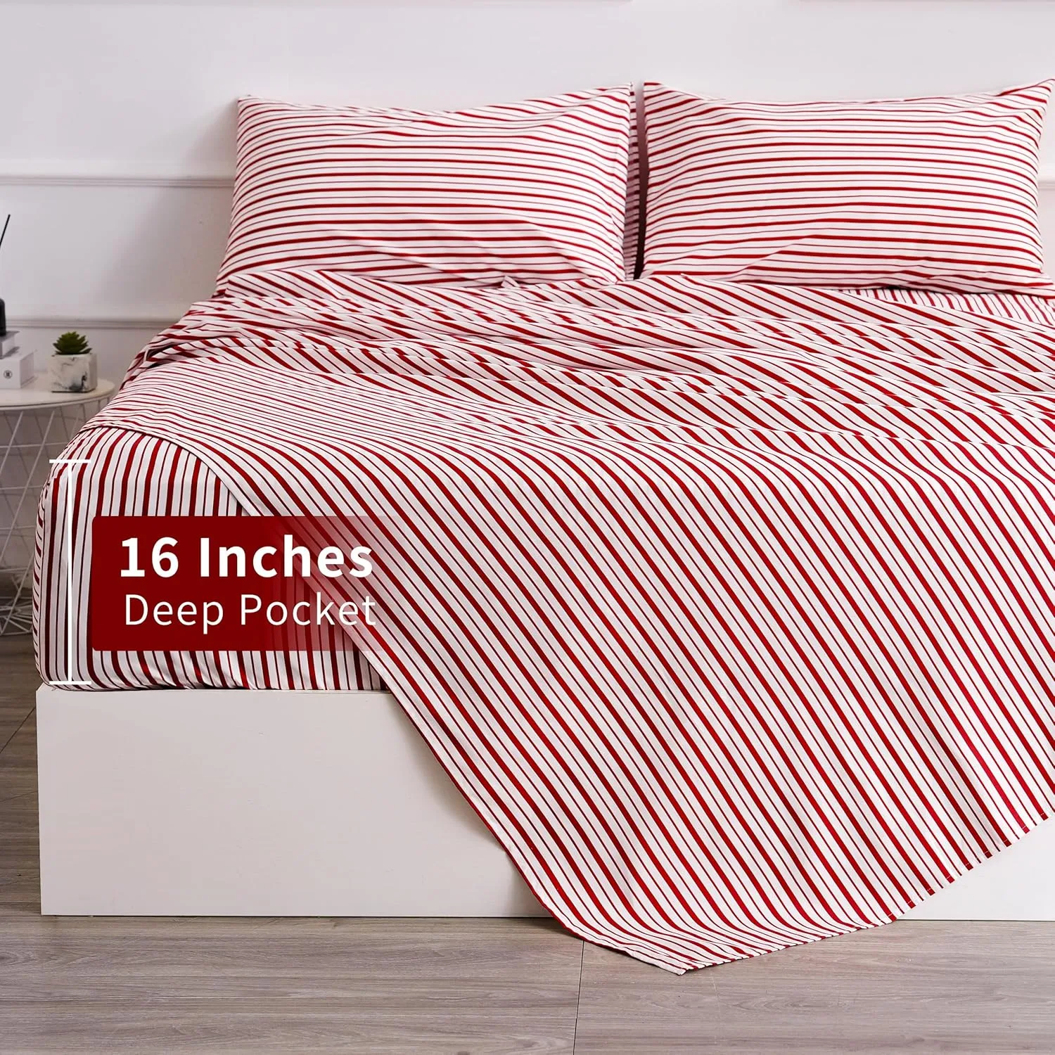 Red Striped Sheets Set Full Size 4 Piece - Super Soft, Easy Care & Breathable Red and White Pinstripe Bed Sheet Set with 16-Inch Deep Pockets, Great Gift for Christmas & Birthday