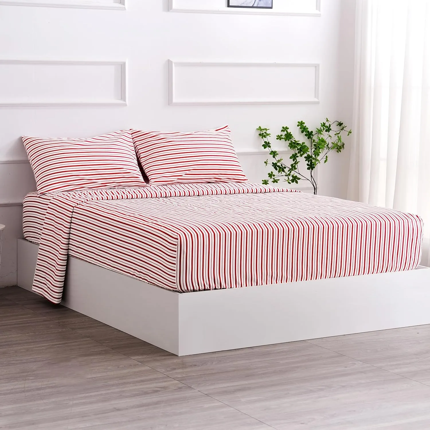 Red Striped Sheets Set Full Size 4 Piece - Super Soft, Easy Care & Breathable Red and White Pinstripe Bed Sheet Set with 16-Inch Deep Pockets, Great Gift for Christmas & Birthday