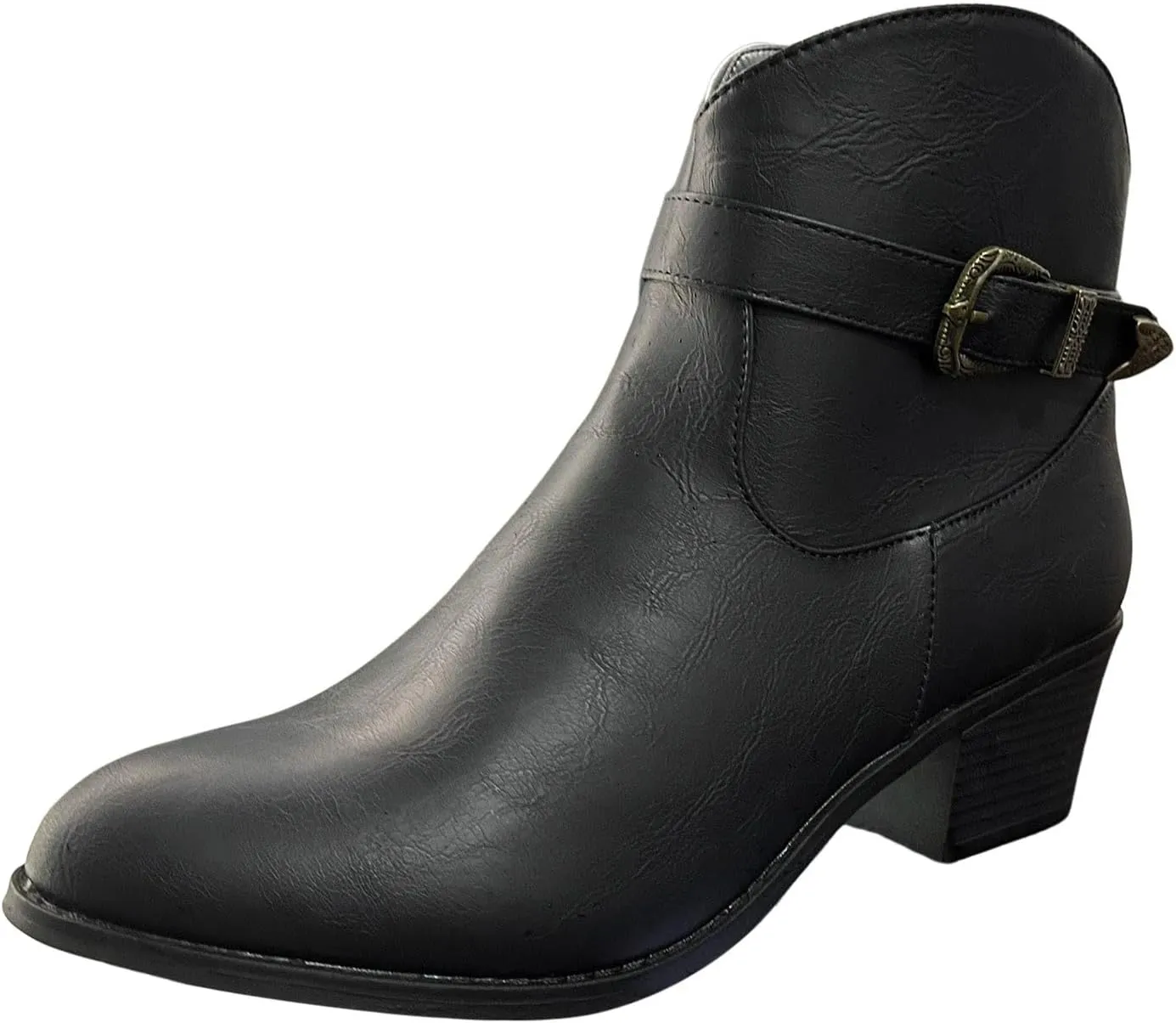 Retro Ankle Bootie for Women Stacked Mid Heel Arch Support Wedges Classic Western Cowboy Style Ankle Boots with Adjustable Buckle Strap Side Zipper Low Top Formal Business Party Banquet Shoes