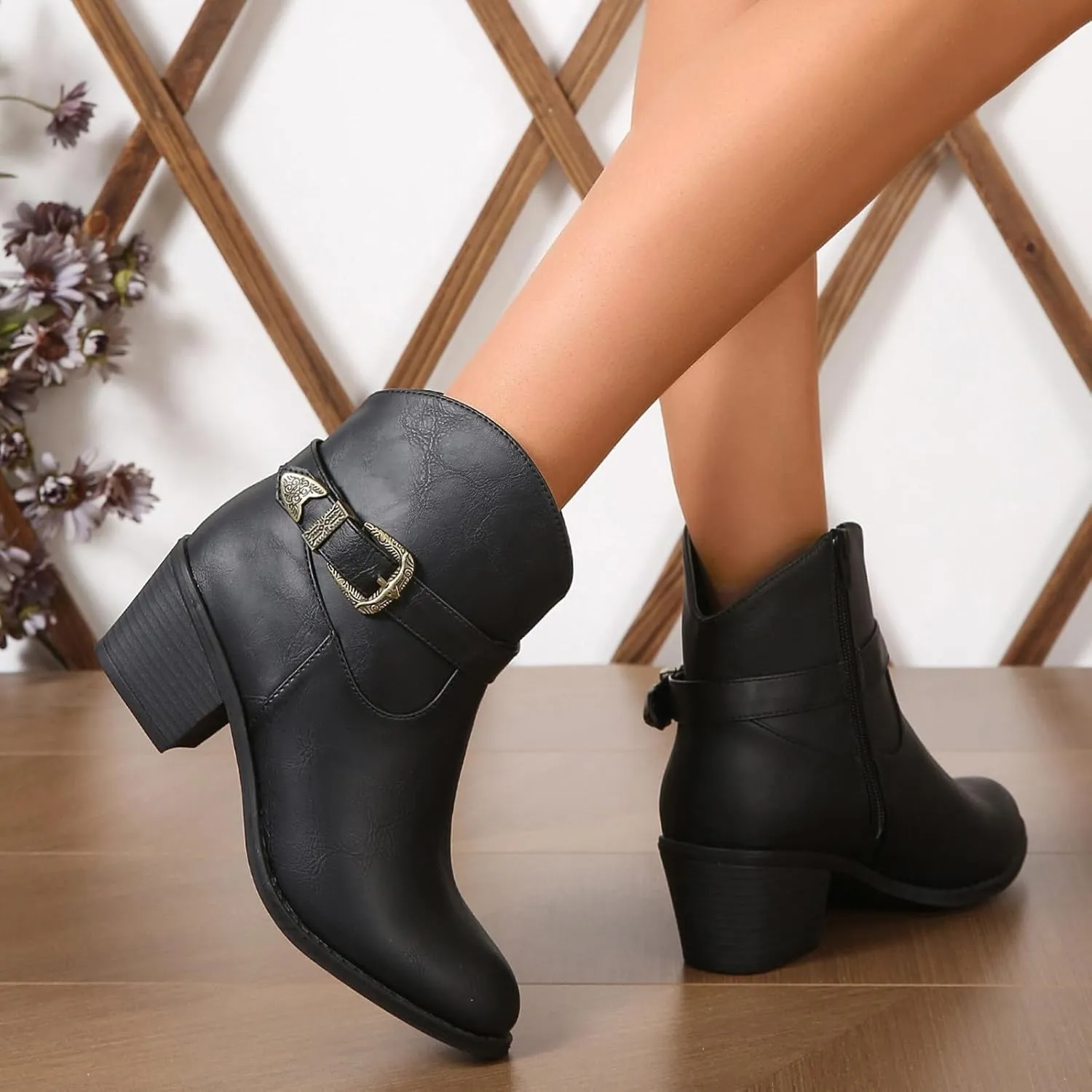 Retro Ankle Bootie for Women Stacked Mid Heel Arch Support Wedges Classic Western Cowboy Style Ankle Boots with Adjustable Buckle Strap Side Zipper Low Top Formal Business Party Banquet Shoes