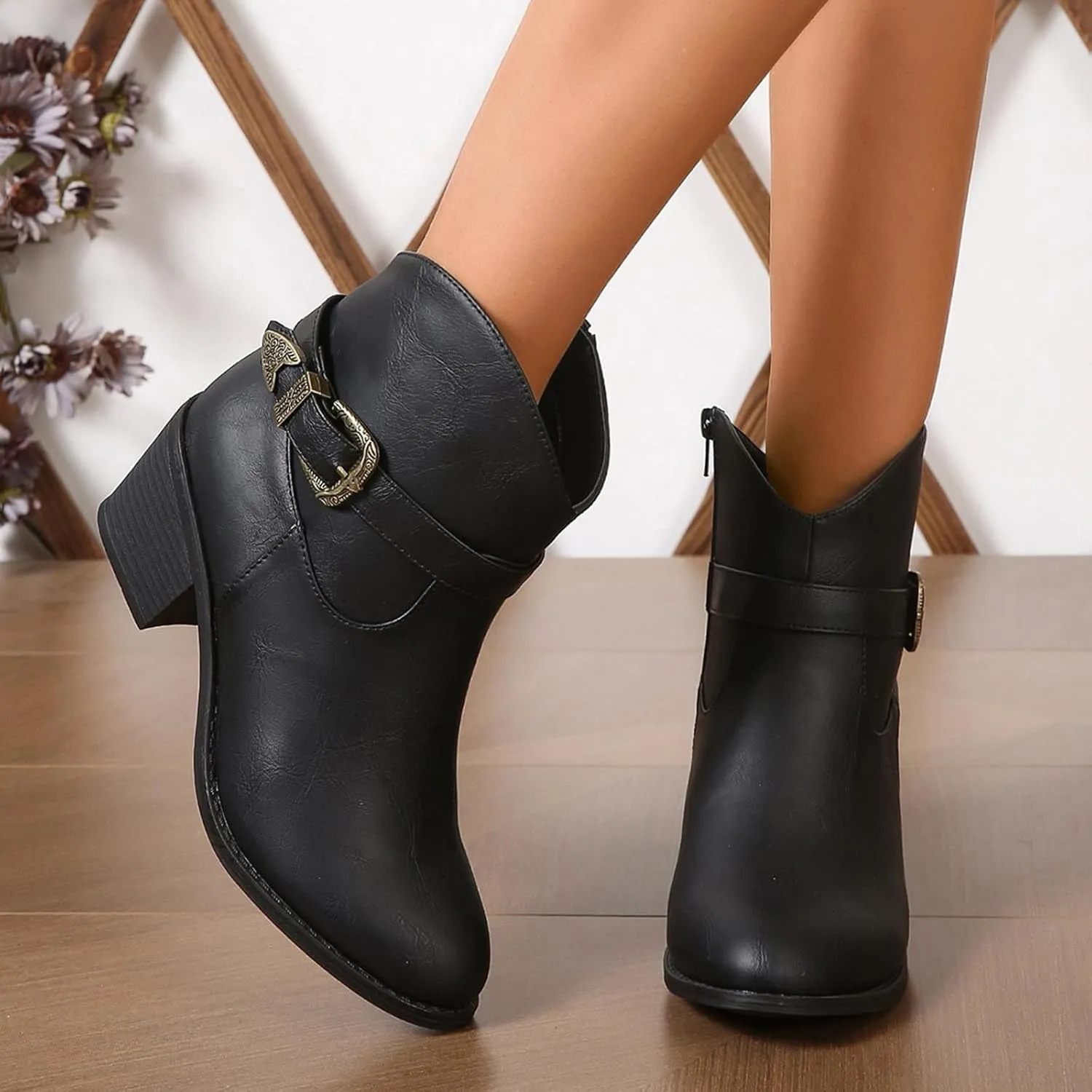 Retro Ankle Bootie for Women Stacked Mid Heel Arch Support Wedges Classic Western Cowboy Style Ankle Boots with Adjustable Buckle Strap Side Zipper Low Top Formal Business Party Banquet Shoes