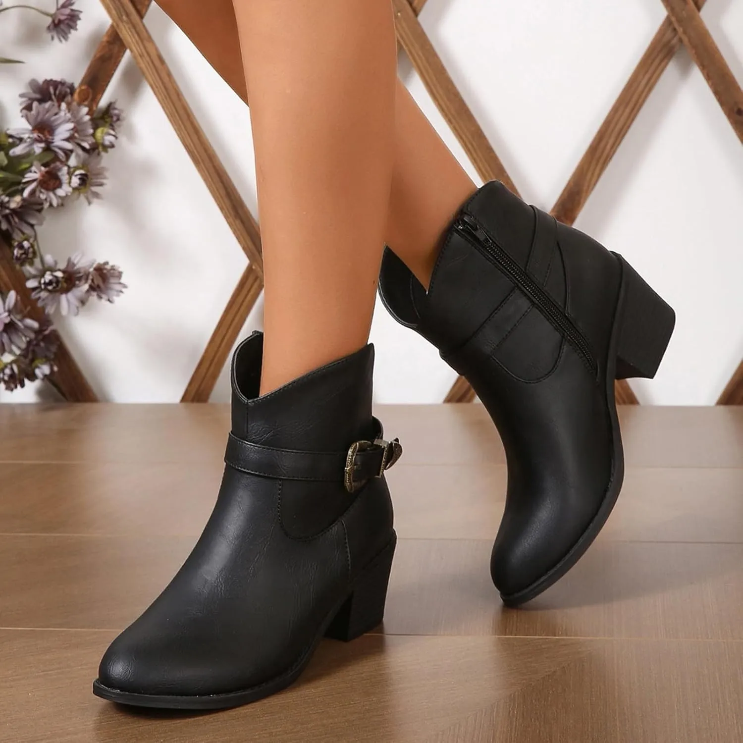 Retro Ankle Bootie for Women Stacked Mid Heel Arch Support Wedges Classic Western Cowboy Style Ankle Boots with Adjustable Buckle Strap Side Zipper Low Top Formal Business Party Banquet Shoes