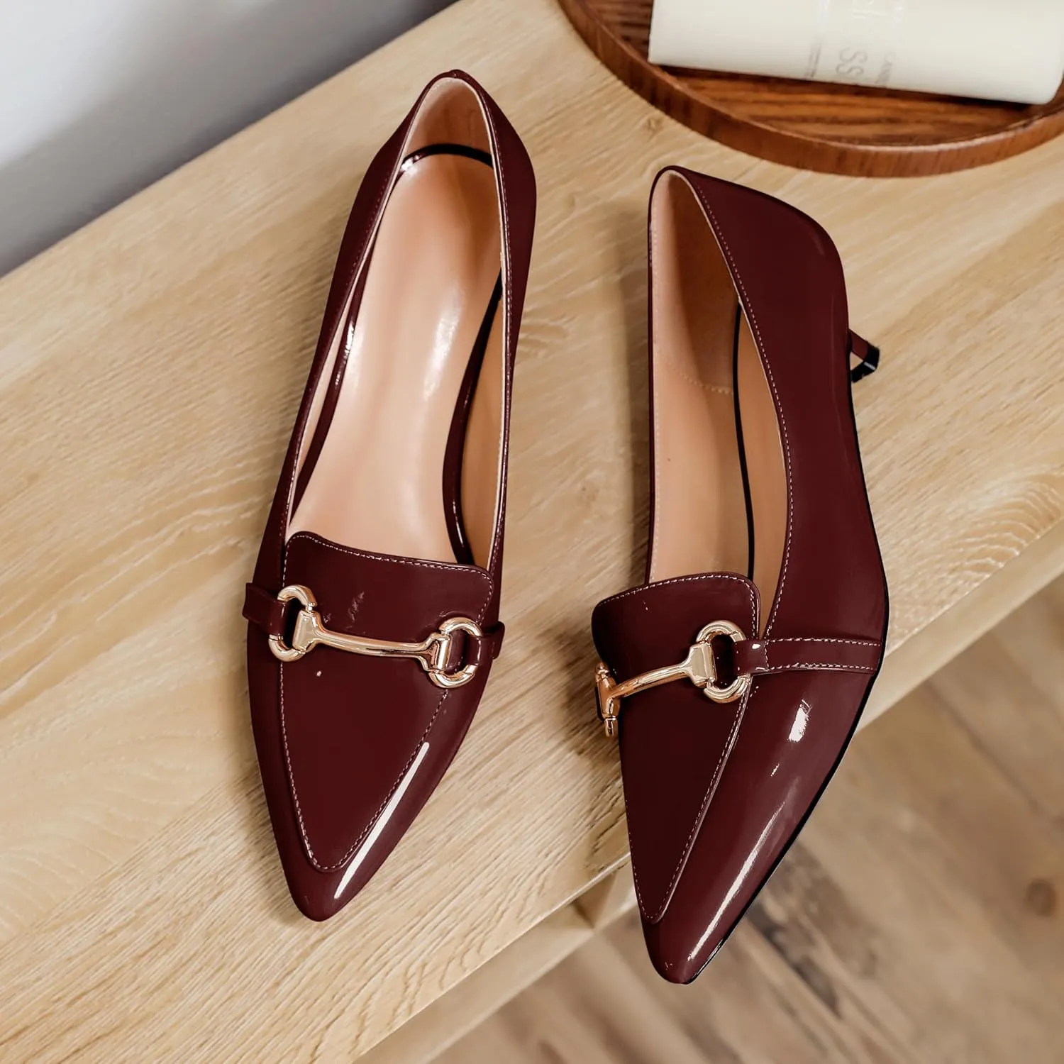 SAMMITOP Women's Low Kitten Heels Pointed Toe Metal Chain Slip On Loafers Pump Comfort Dress Work Wedding Shoes for Women 1.5 inch