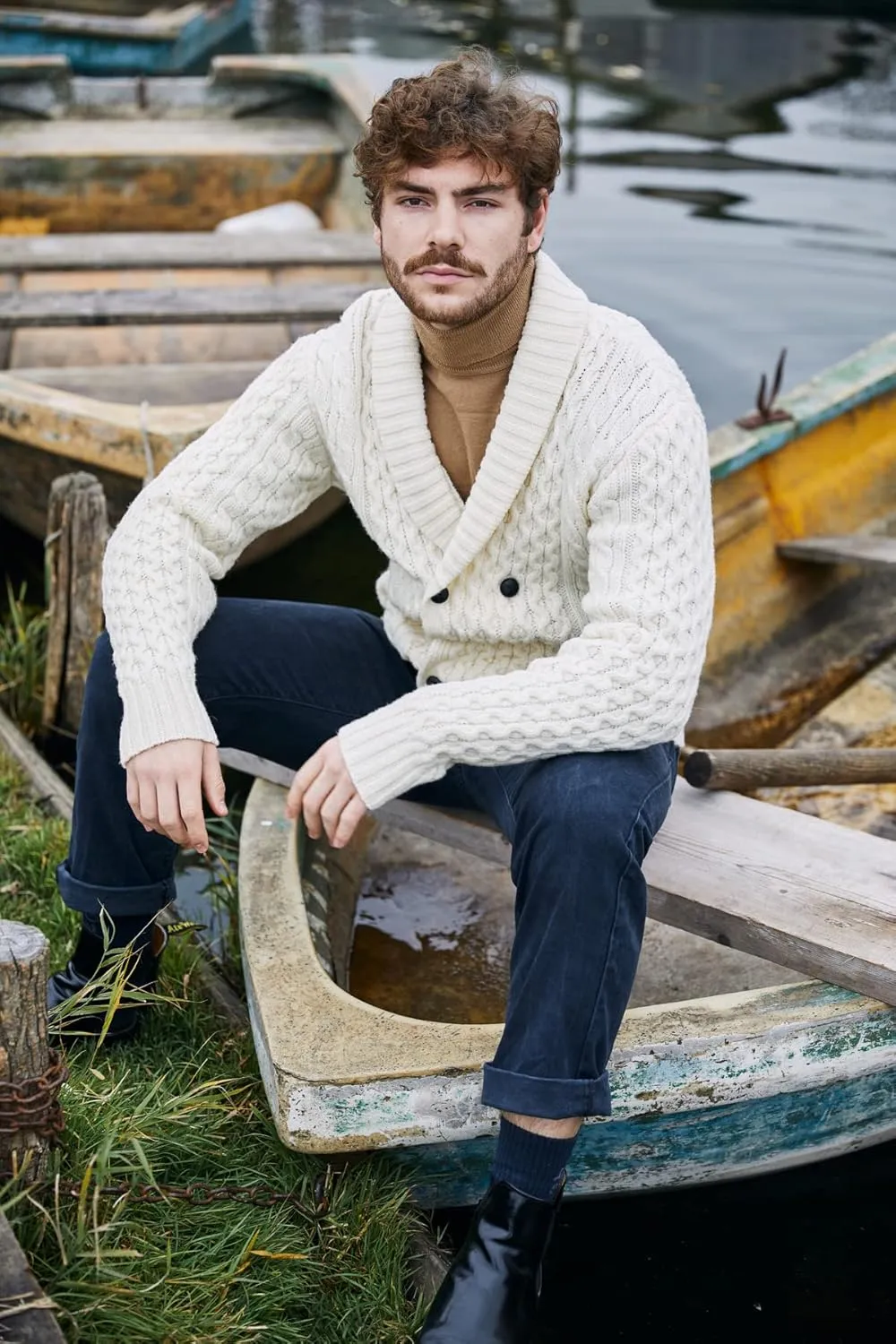 SAOL 100% Merino Wool Double Breasted Shawl Cardigan with Buttons for Men's