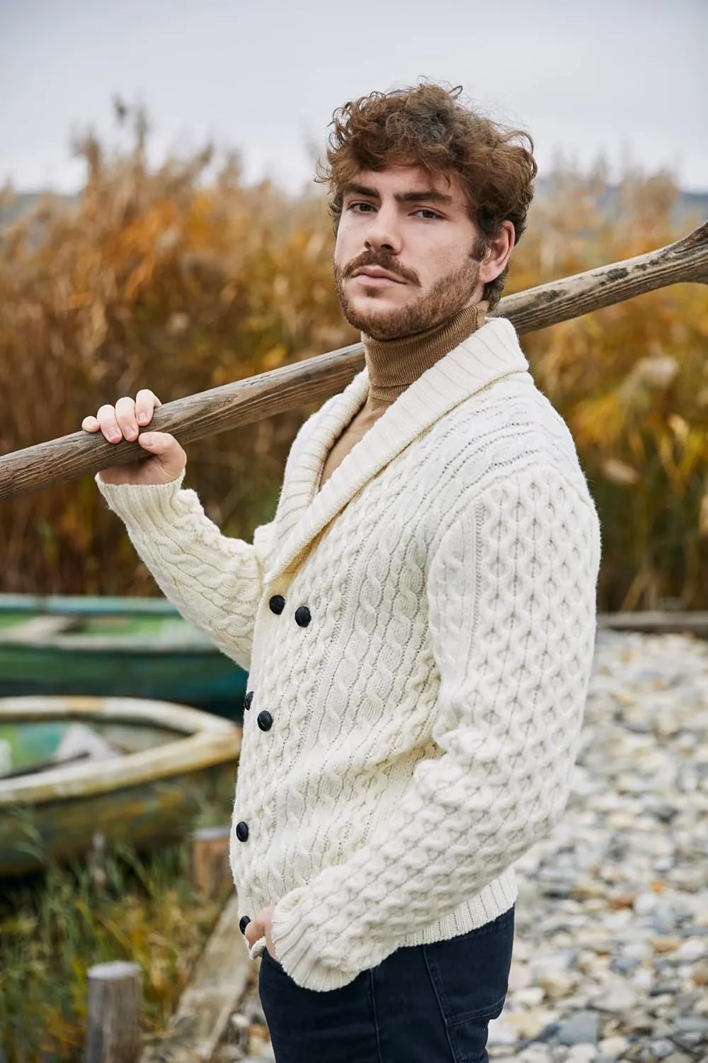 SAOL 100% Merino Wool Double Breasted Shawl Cardigan with Buttons for Men's