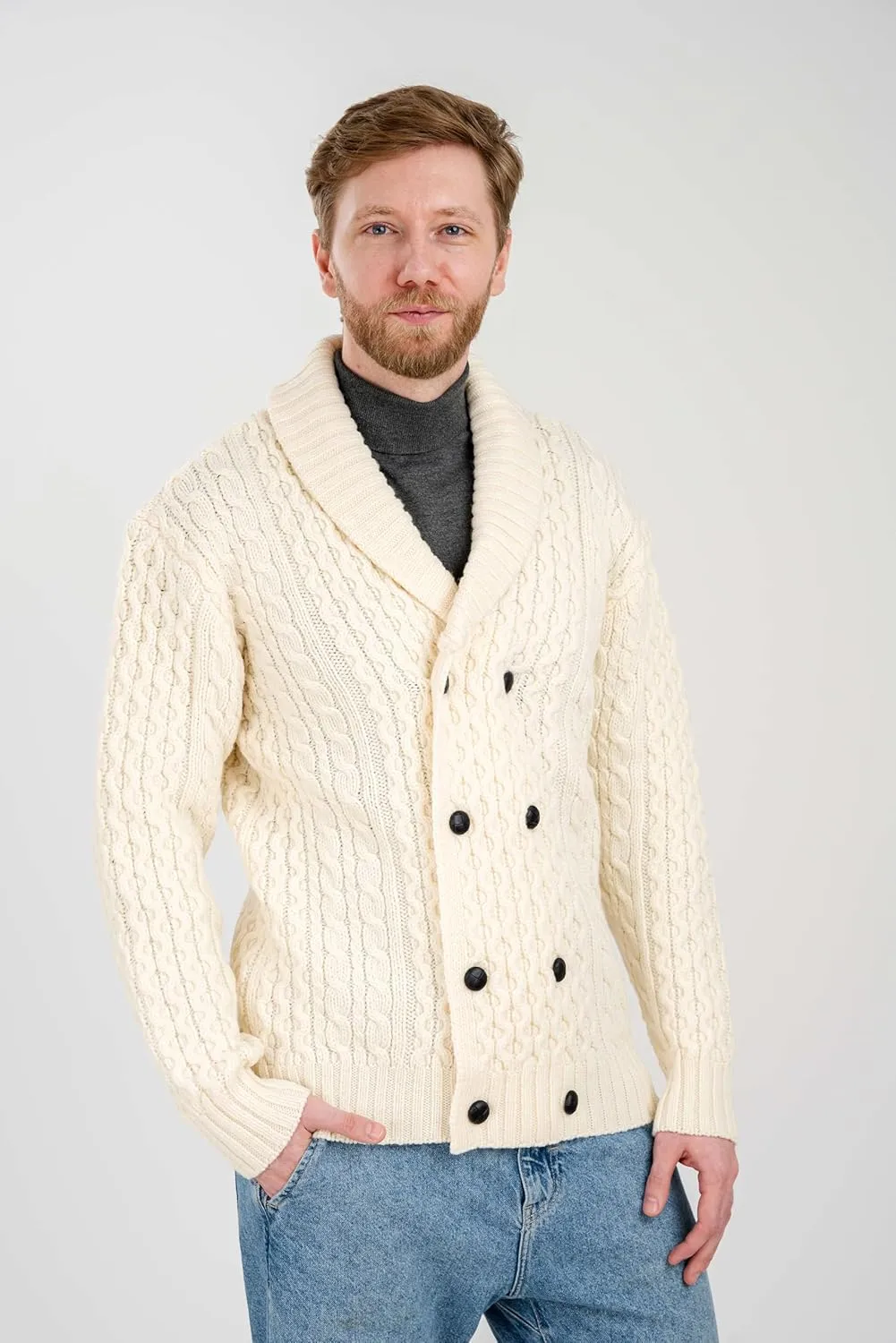 SAOL 100% Merino Wool Double Breasted Shawl Cardigan with Buttons for Men's