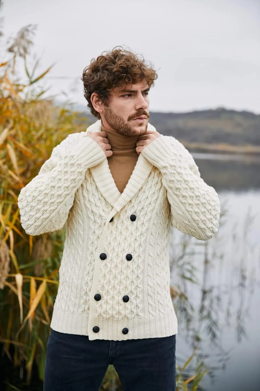 SAOL 100% Merino Wool Double Breasted Shawl Cardigan with Buttons for Men's