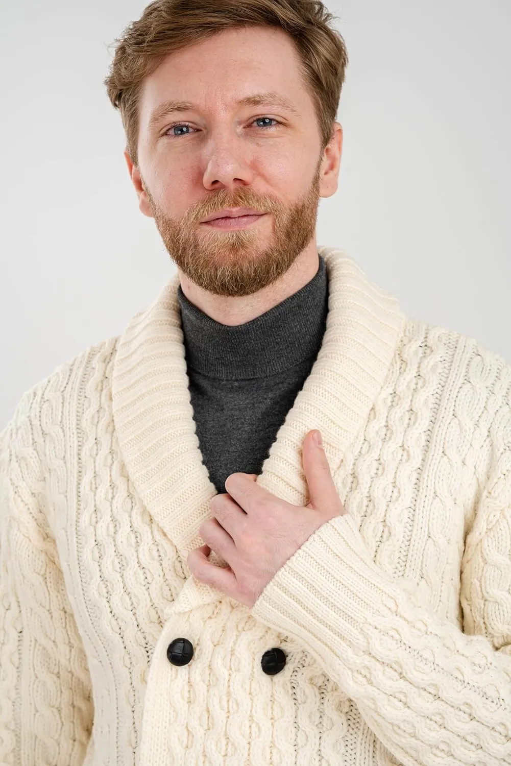 SAOL 100% Merino Wool Double Breasted Shawl Cardigan with Buttons for Men's