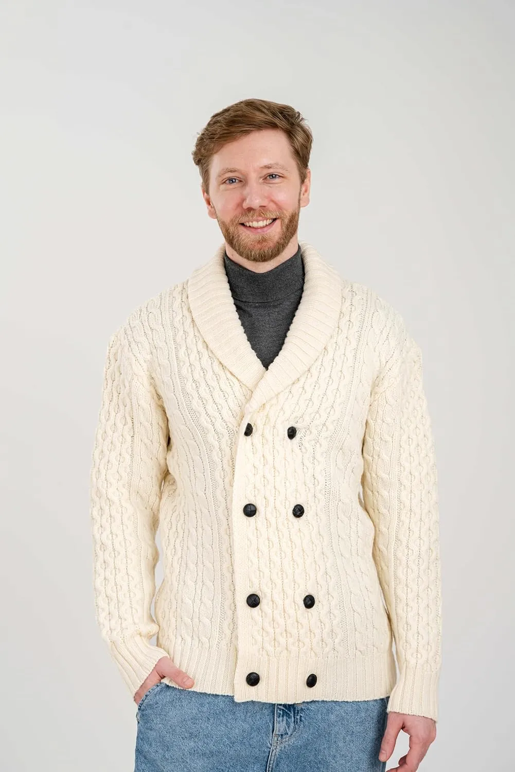 SAOL 100% Merino Wool Double Breasted Shawl Cardigan with Buttons for Men's