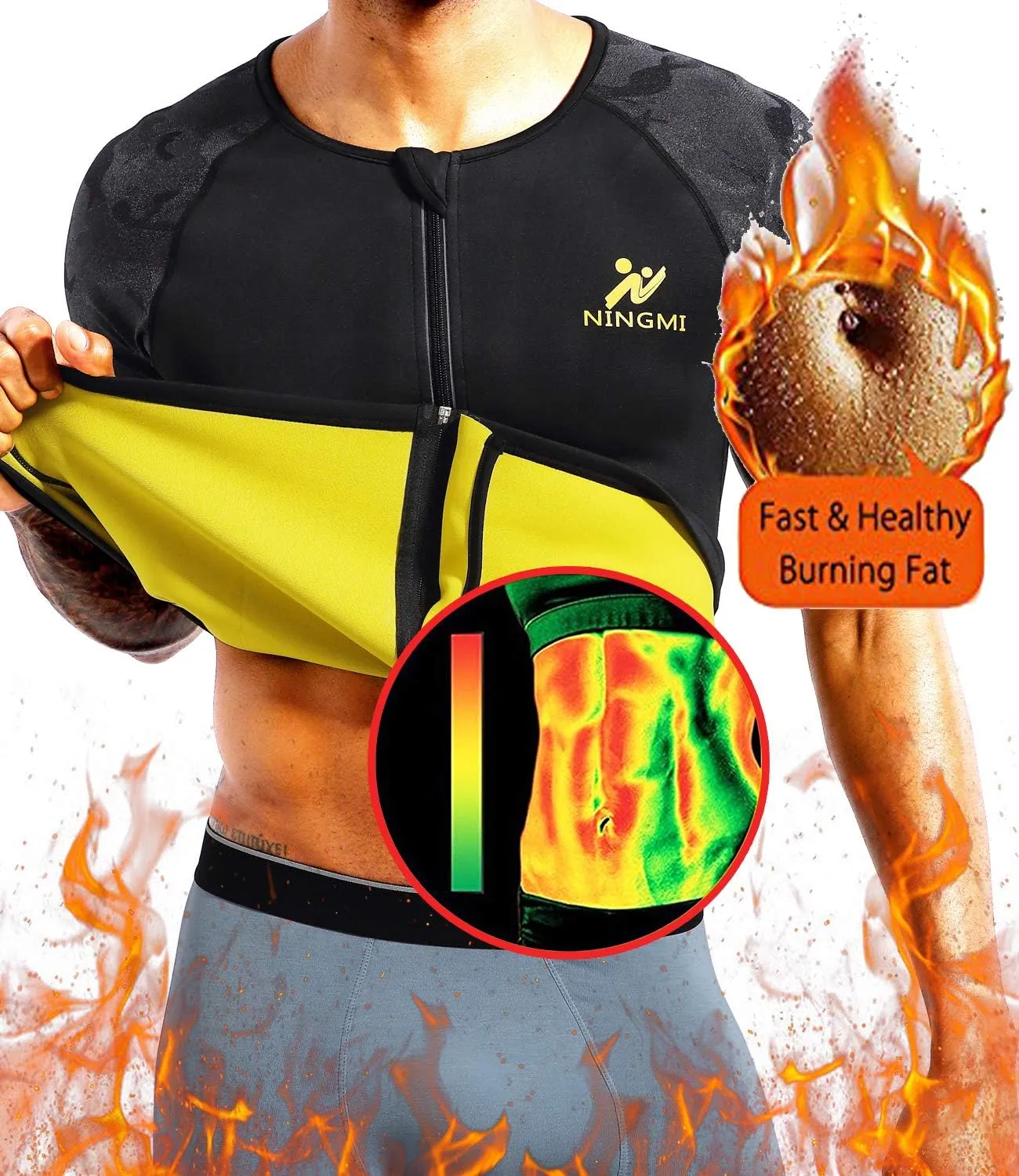 Sauna Suit for Men Hot Sweat Suit Sauna Shirt Sweat Body Shaper Workout Neoprene Suit Zipper Short Sleeve