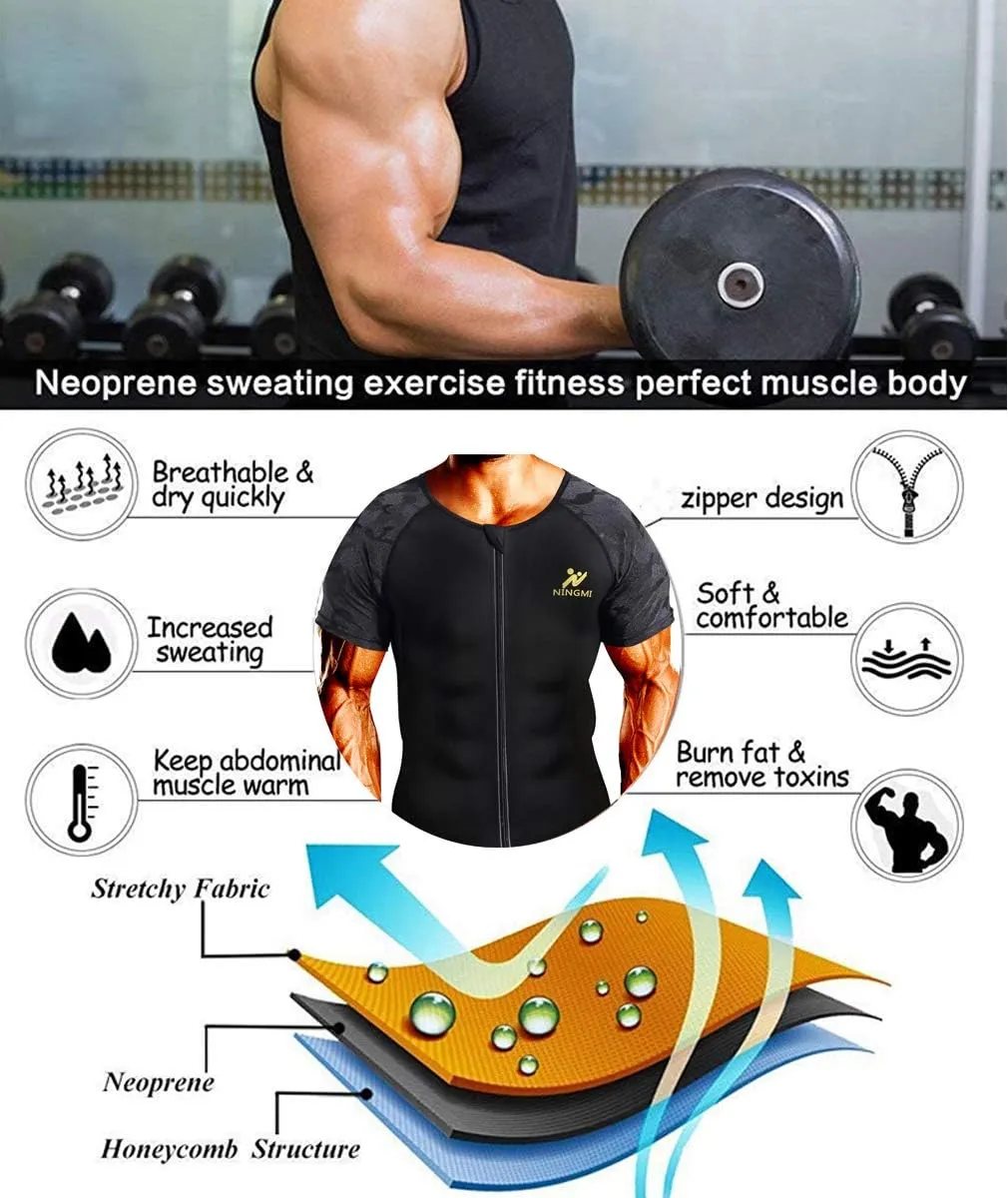 Sauna Suit for Men Hot Sweat Suit Sauna Shirt Sweat Body Shaper Workout Neoprene Suit Zipper Short Sleeve