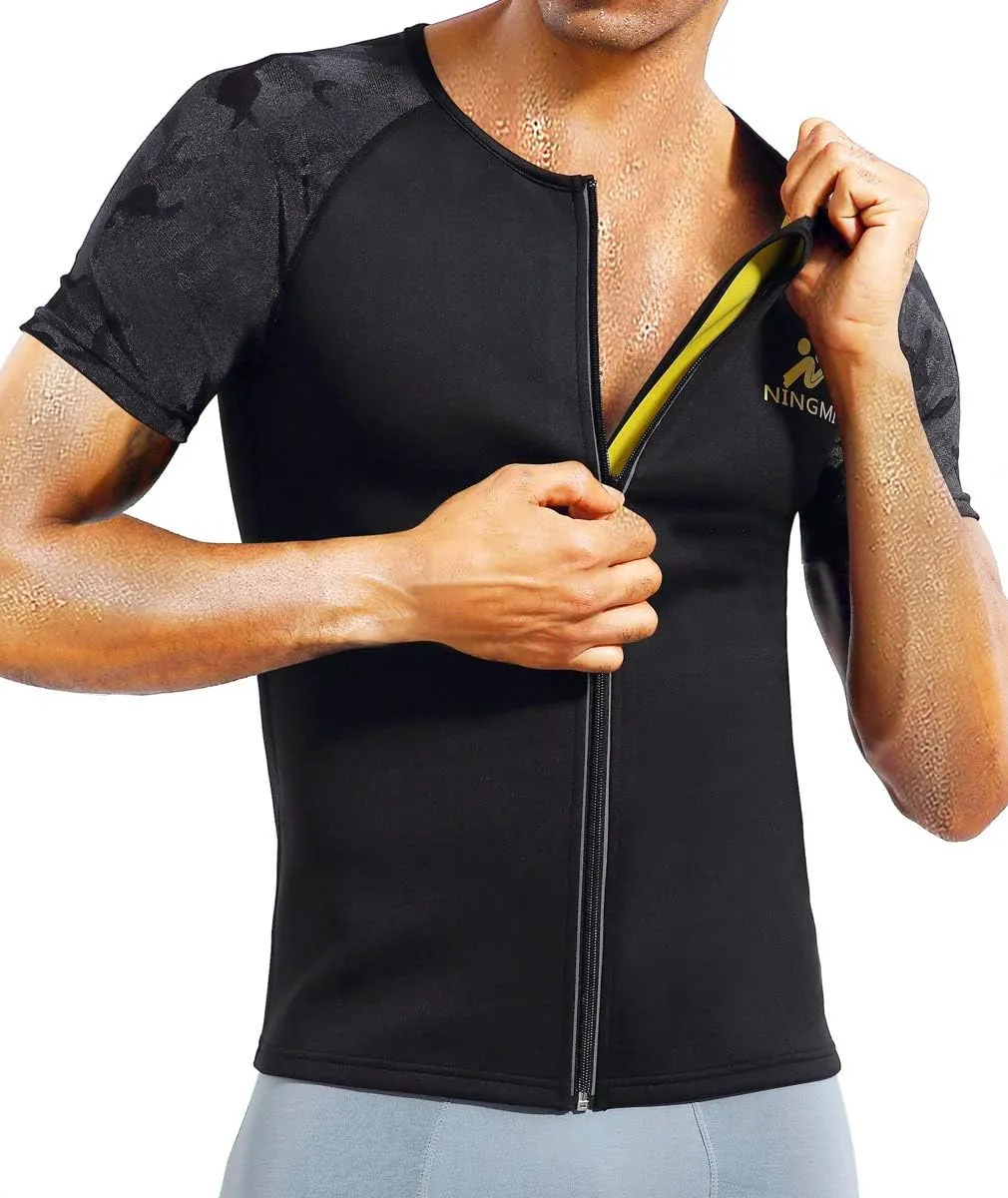 Sauna Suit for Men Hot Sweat Suit Sauna Shirt Sweat Body Shaper Workout Neoprene Suit Zipper Short Sleeve