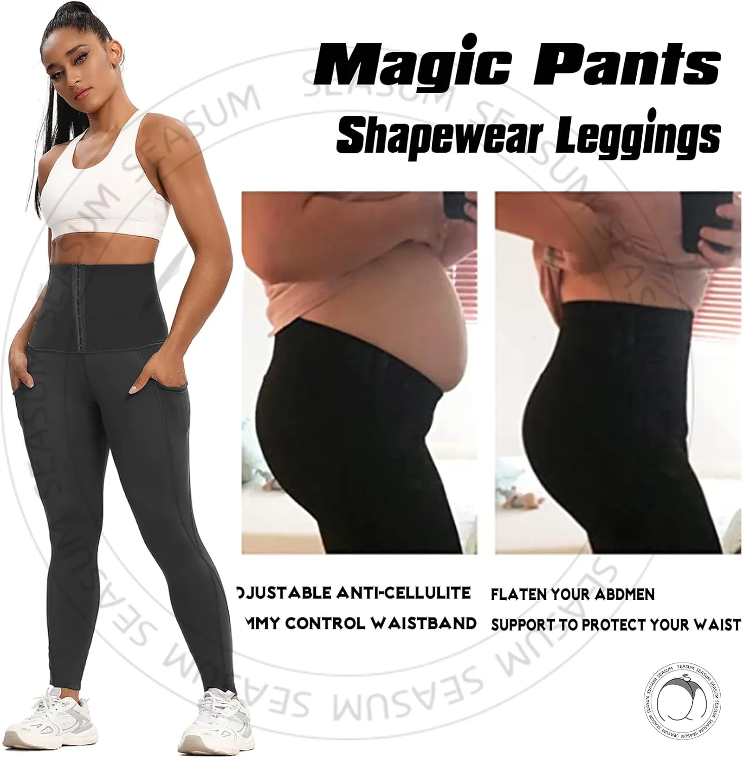 SEASUM High Waisted Yoga Legging with Adjustable Waist Corset Belt Tummy Control Slimming Waist Trainer Pant