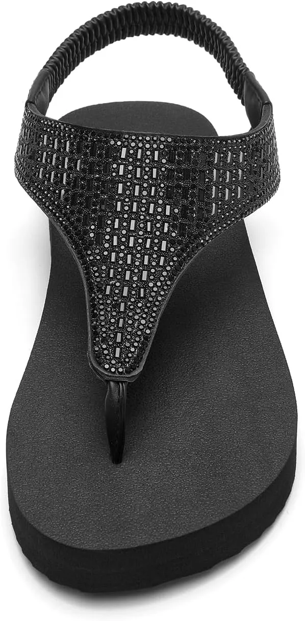 SelenePair Women's T-strap Thong Flat Sandals Summer Rhinestone Bling Elastic Yoga Mat Flip Flops