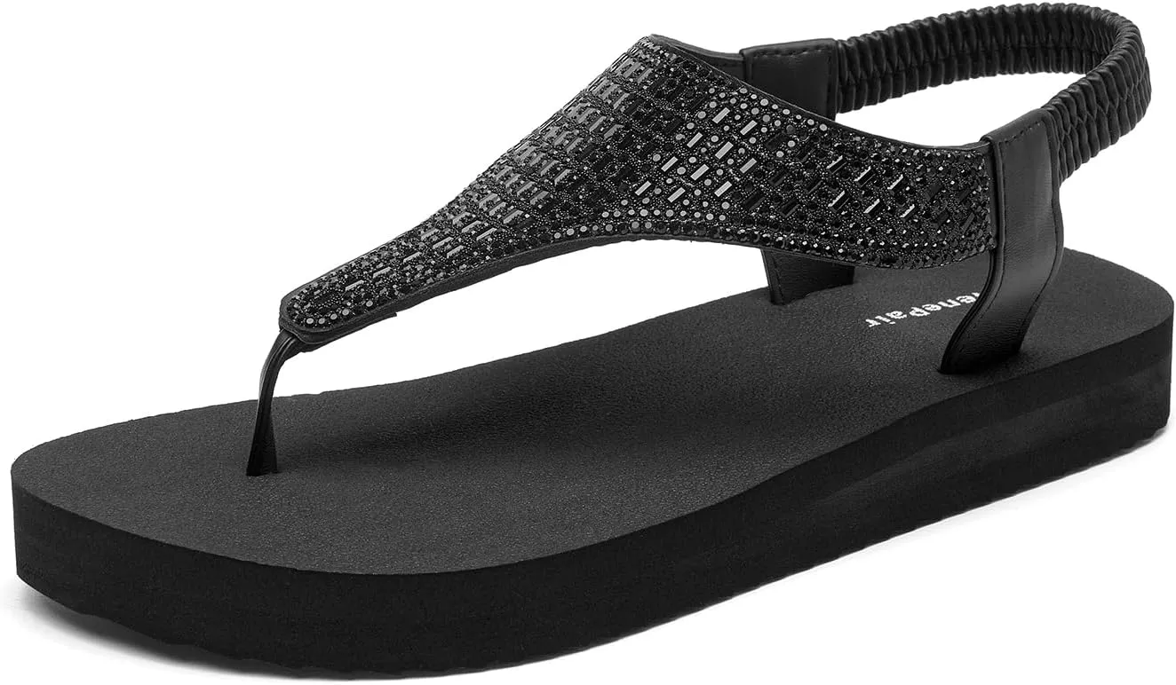 SelenePair Women's T-strap Thong Flat Sandals Summer Rhinestone Bling Elastic Yoga Mat Flip Flops