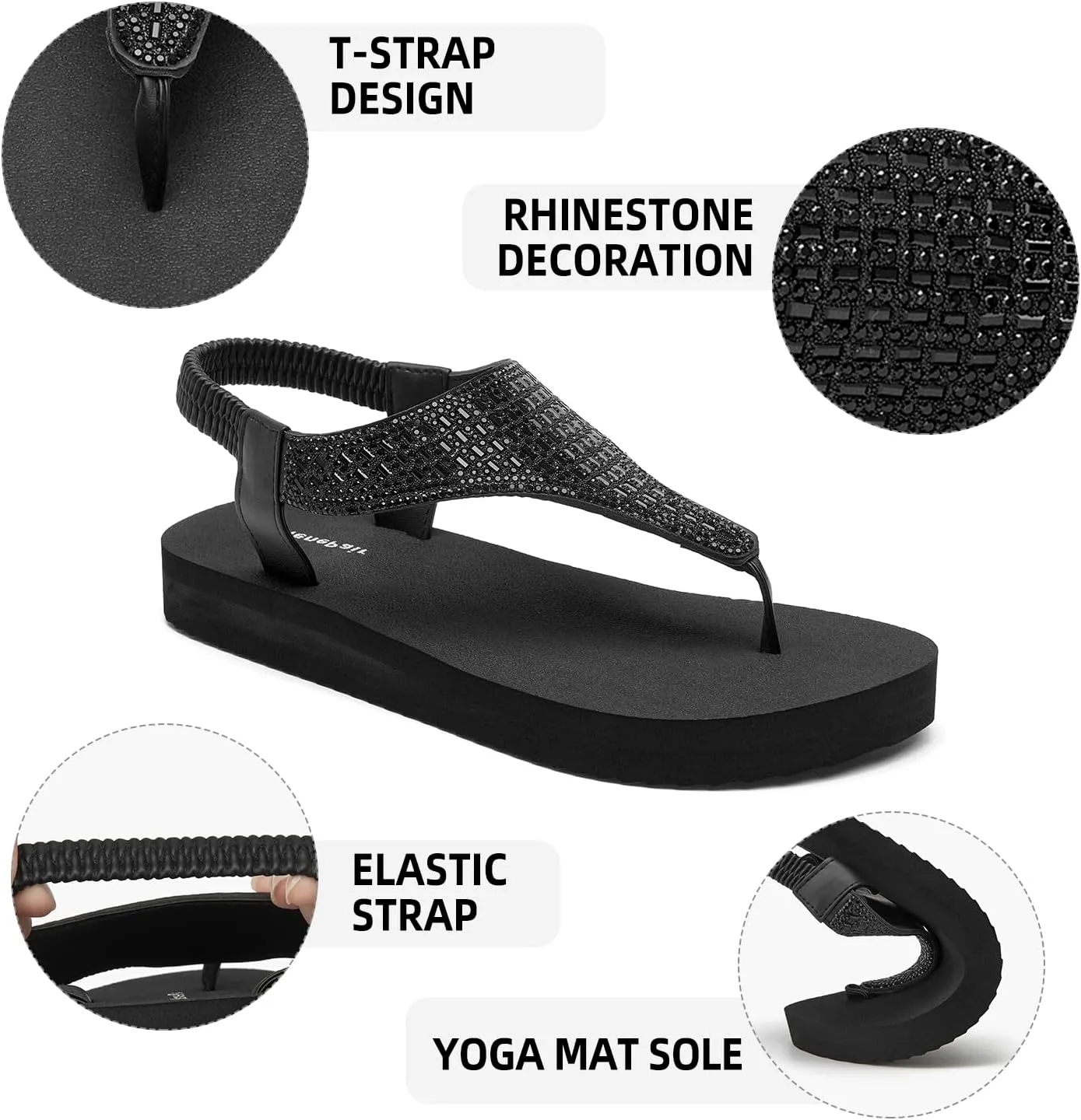 SelenePair Women's T-strap Thong Flat Sandals Summer Rhinestone Bling Elastic Yoga Mat Flip Flops