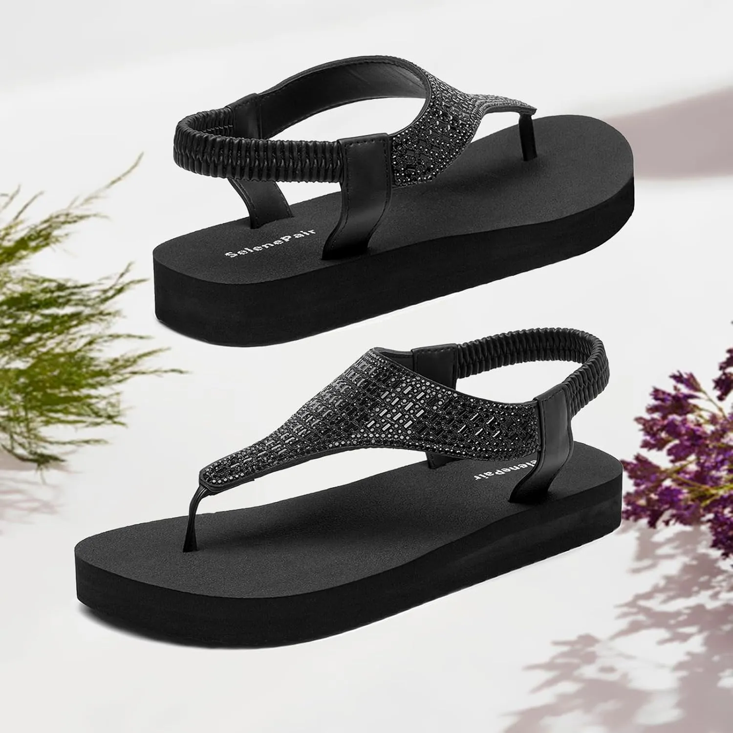 SelenePair Women's T-strap Thong Flat Sandals Summer Rhinestone Bling Elastic Yoga Mat Flip Flops