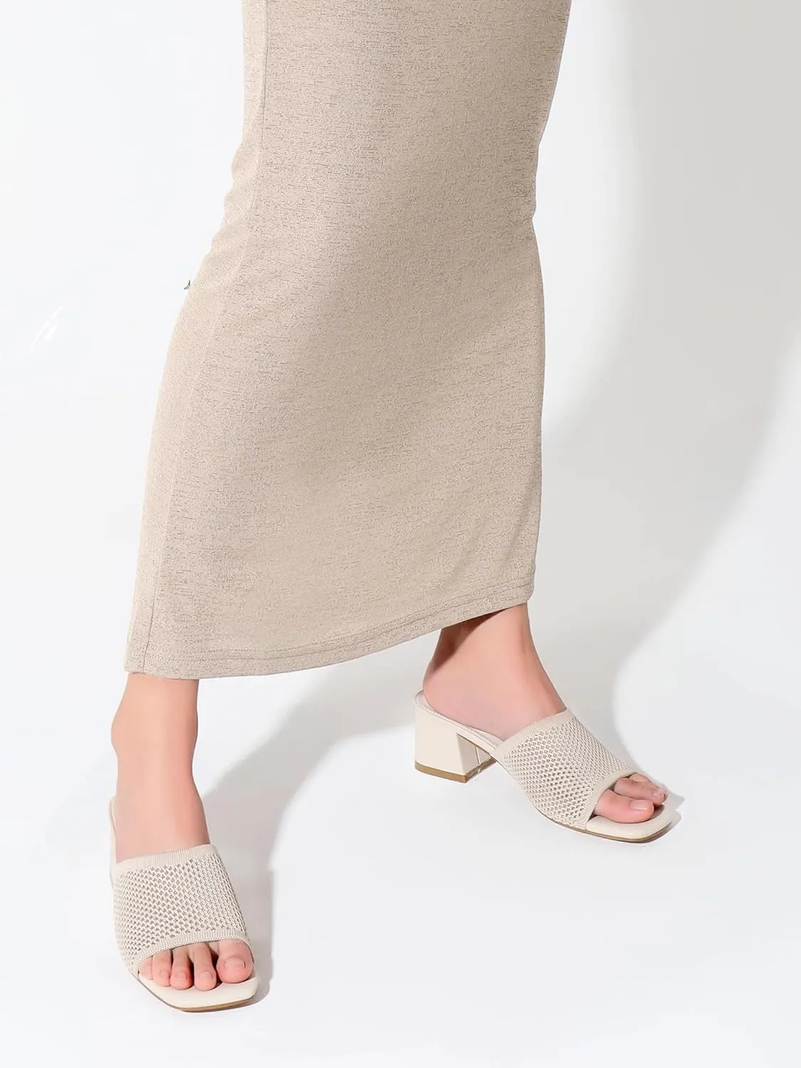 Shoe'N Tale Heeled Sandals For Women Square Open Toe Heeled Mules Chunky Block Low Heel Slip On Slides