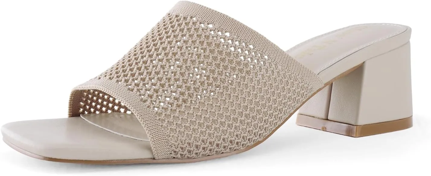 Shoe'N Tale Heeled Sandals For Women Square Open Toe Heeled Mules Chunky Block Low Heel Slip On Slides