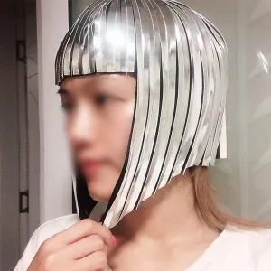 Short Bob Hair Wigs Straight Flat Bangs Mirror Holographic Space Metallic Bright Gold Silver Glitter Hair Wig Science Fiction Perform Cosplay Costume Carnival Theme Party Halloween for Women
