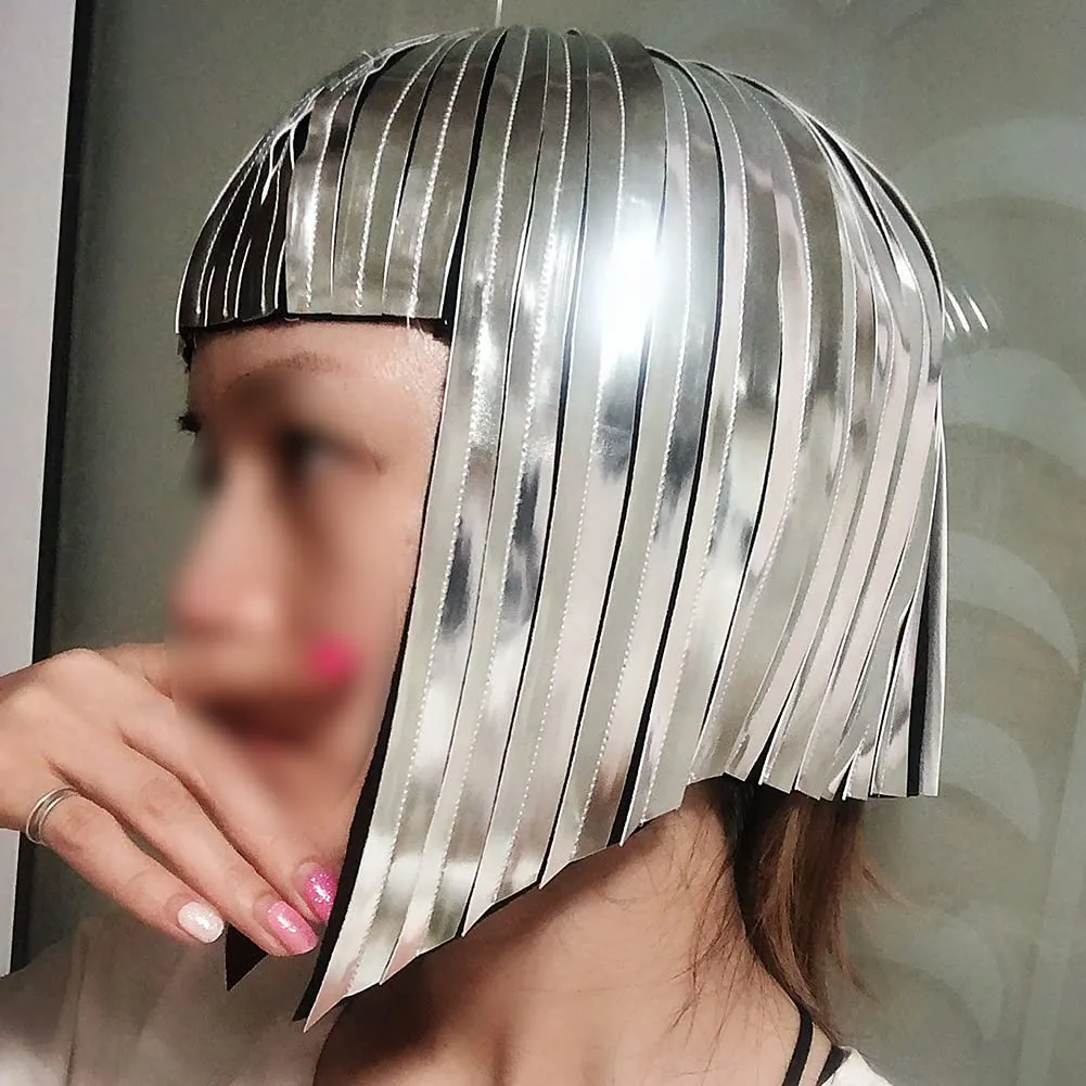Short Bob Hair Wigs Straight Flat Bangs Mirror Holographic Space Metallic Bright Gold Silver Glitter Hair Wig Science Fiction Perform Cosplay Costume Carnival Theme Party Halloween for Women