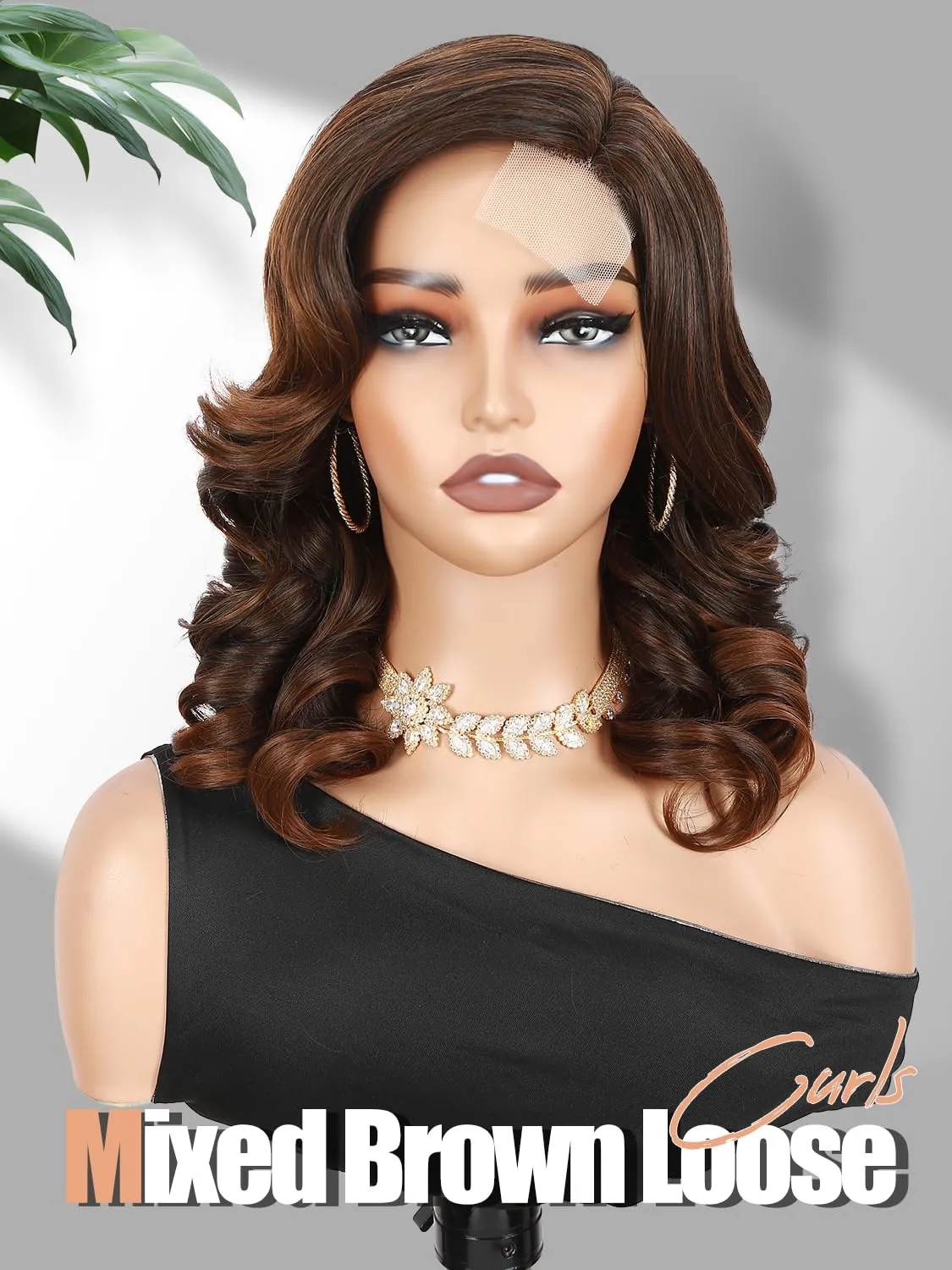 Short Body Wavy Wig Curly Loose Wave Wigs Big Curly Lady Side Part Shoulder Length Wigs Synthetic Wig for Black Women (Mixed Brown)