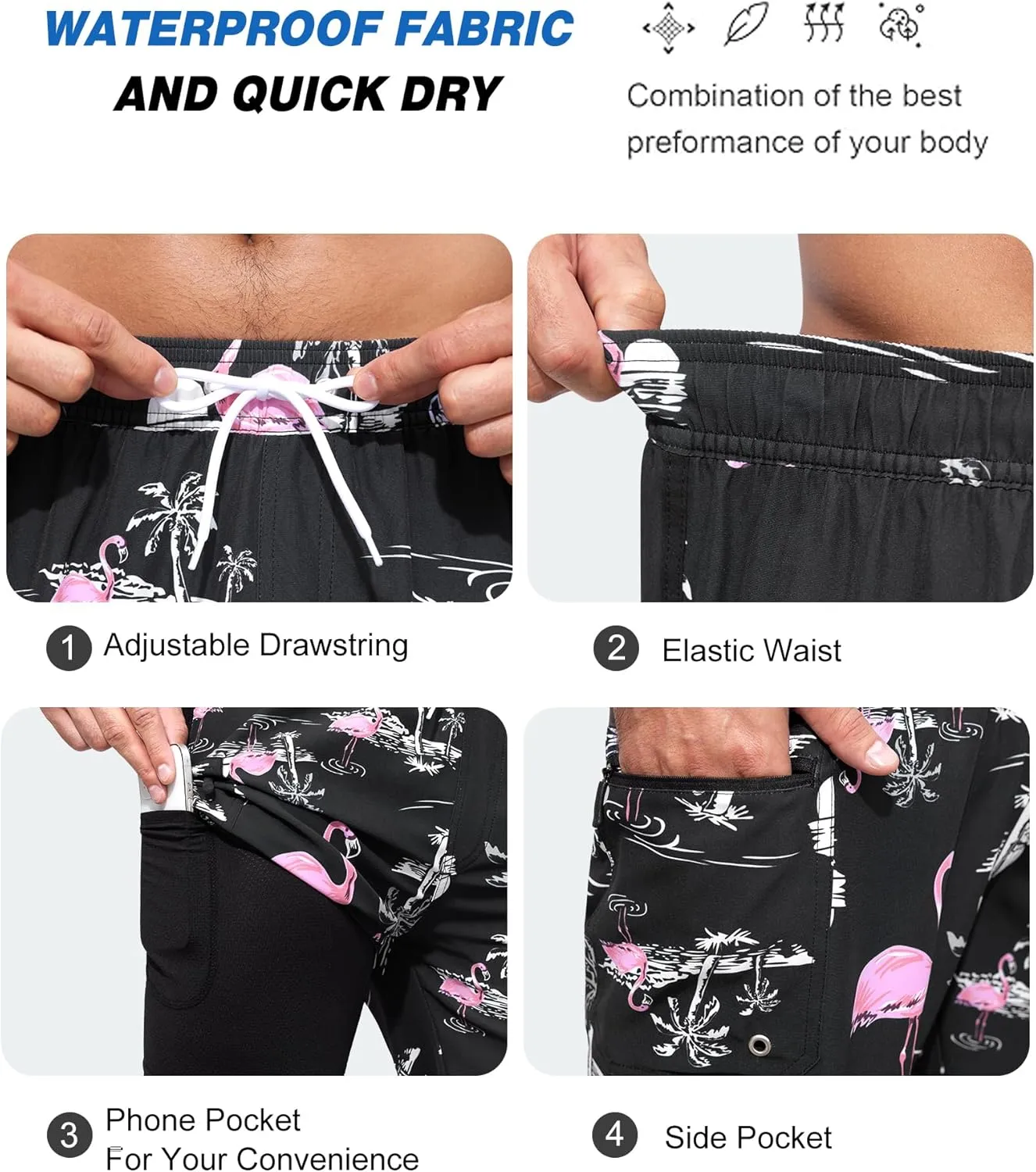 SILKWORLD Mens Swim Trunks with Compression Liner 9 Inch Long Bathing Suit 2 in 1 Beach Quick Dry Shorts with Pockets