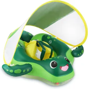 Sloosh Baby Swimming Floats with Removable Sun Canopy, Inflatable Baby Pool Float, Sea Turtle Design Infant Swim Float Ring Swimming Pool Accessories for Age 6-36 Months