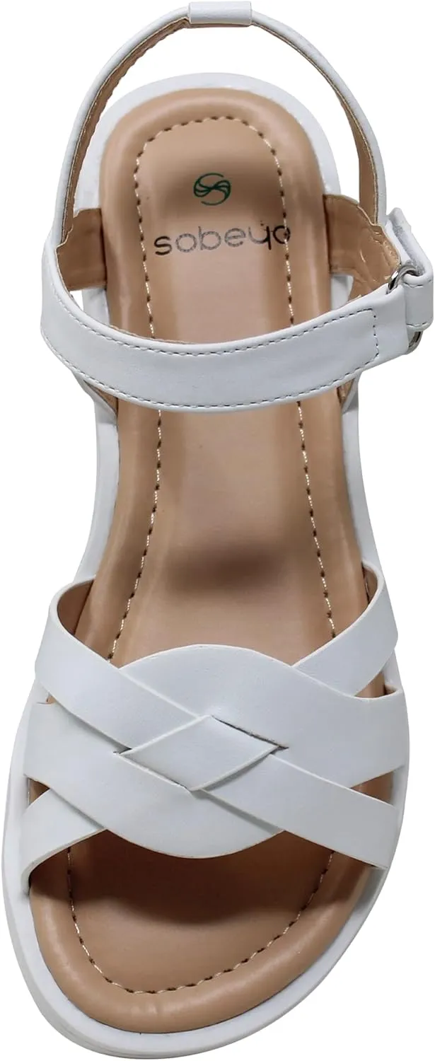 SOBEYO Girls Strappy Open Toe Flatform Slip On Cute Ankle Strap Summer Flat Sandals