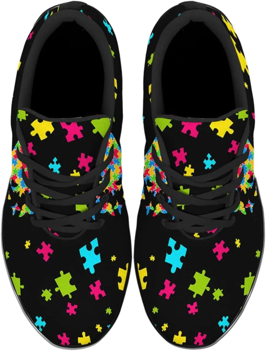 Sonzj-II Autism Shoes Women Men Lightweight Breathable Running Sneaker Autism Awareness Puzzle Pattern Tennis Walking Gym Shoes