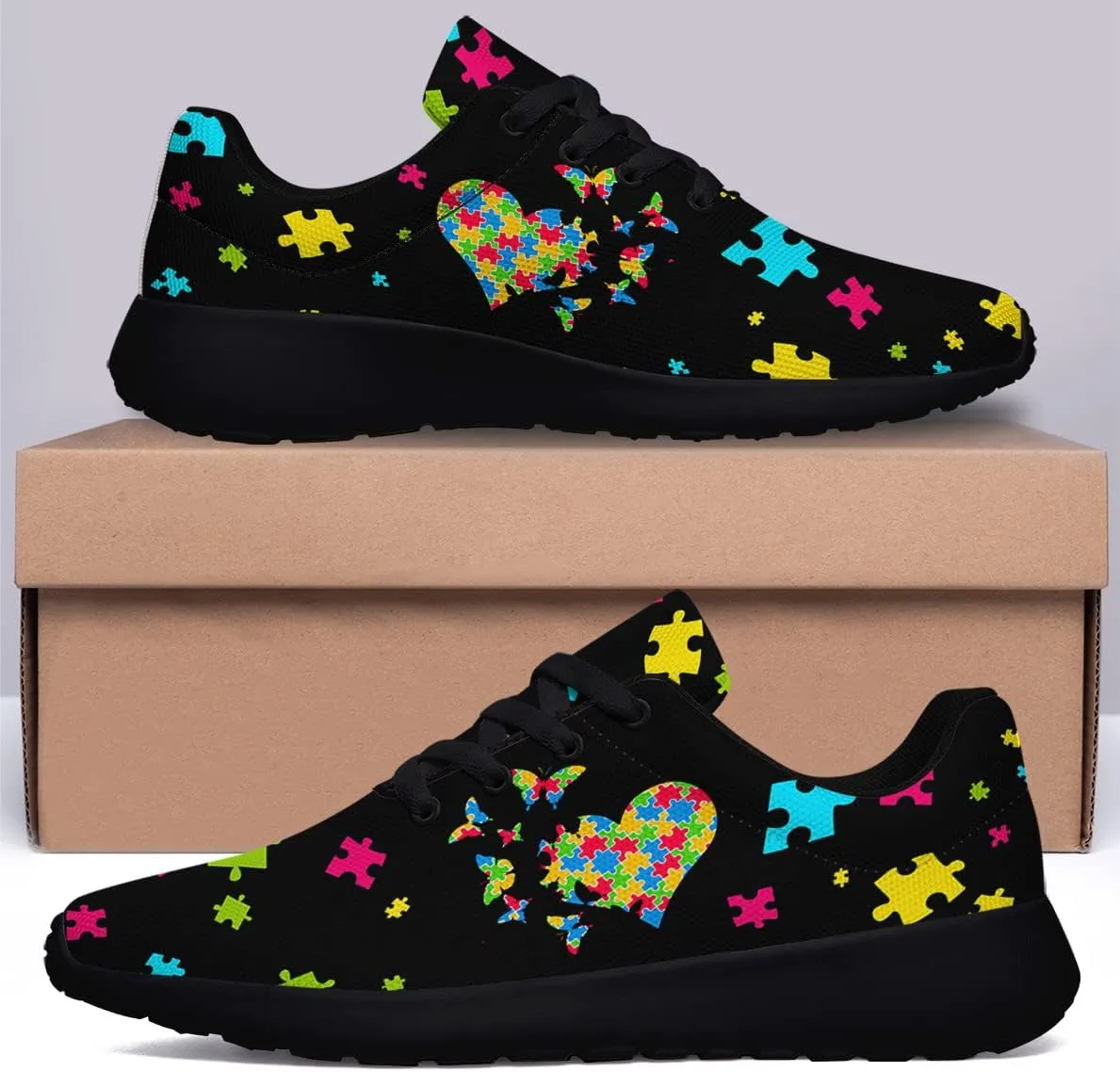 Sonzj-II Autism Shoes Women Men Lightweight Breathable Running Sneaker Autism Awareness Puzzle Pattern Tennis Walking Gym Shoes