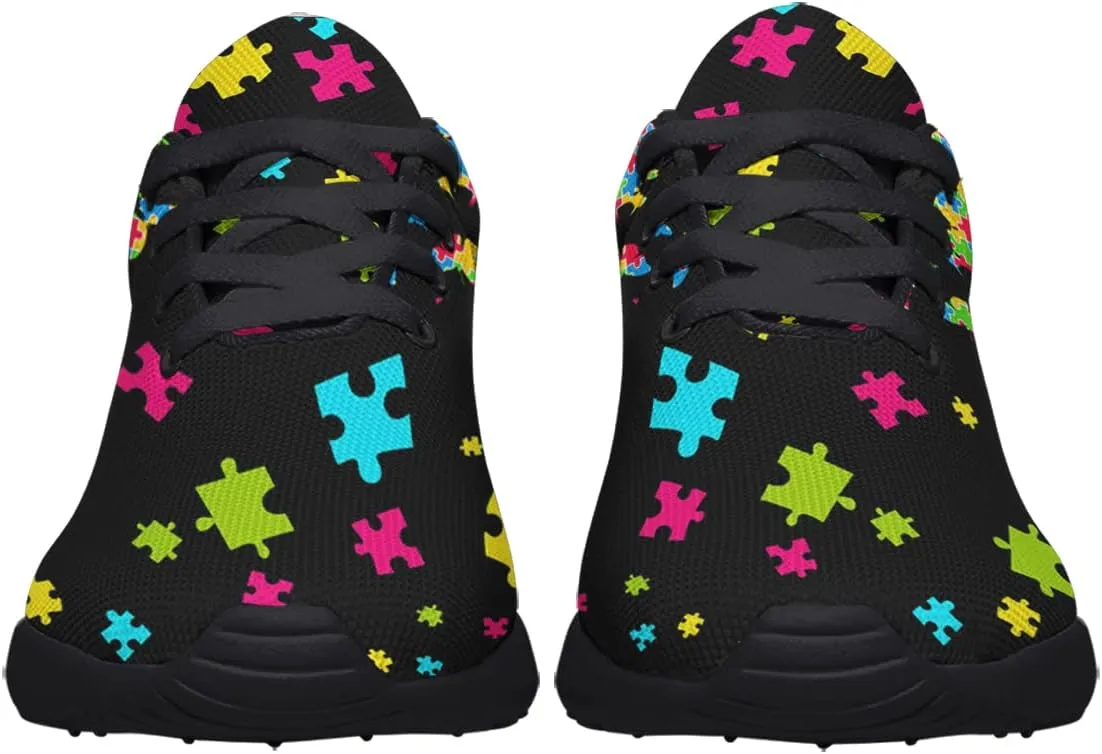 Sonzj-II Autism Shoes Women Men Lightweight Breathable Running Sneaker Autism Awareness Puzzle Pattern Tennis Walking Gym Shoes