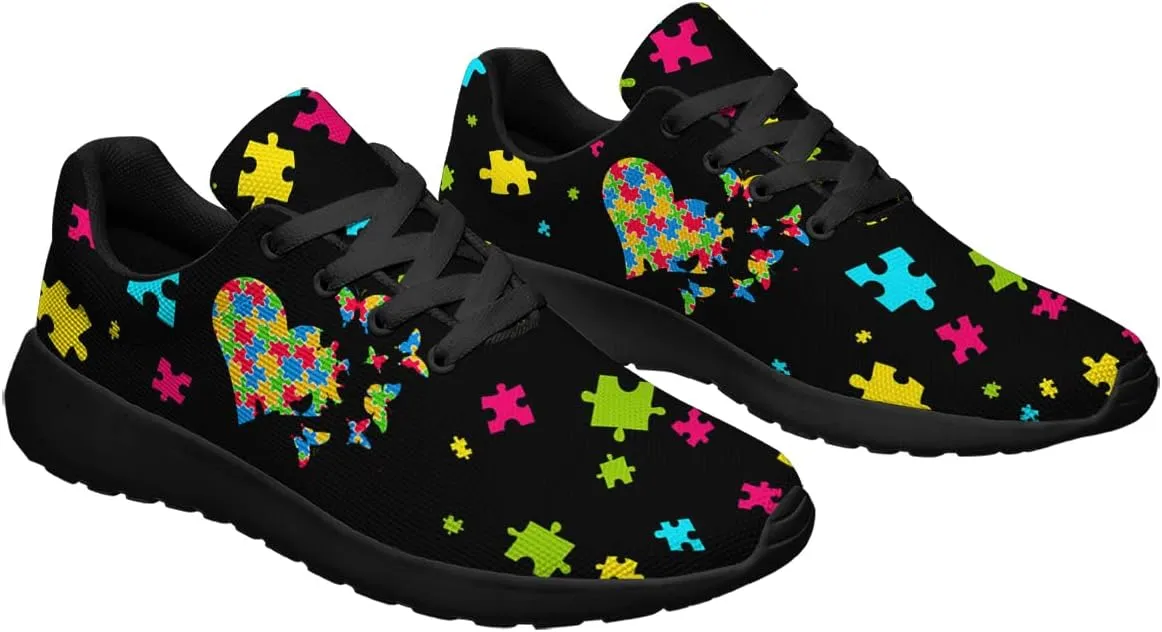 Sonzj-II Autism Shoes Women Men Lightweight Breathable Running Sneaker Autism Awareness Puzzle Pattern Tennis Walking Gym Shoes
