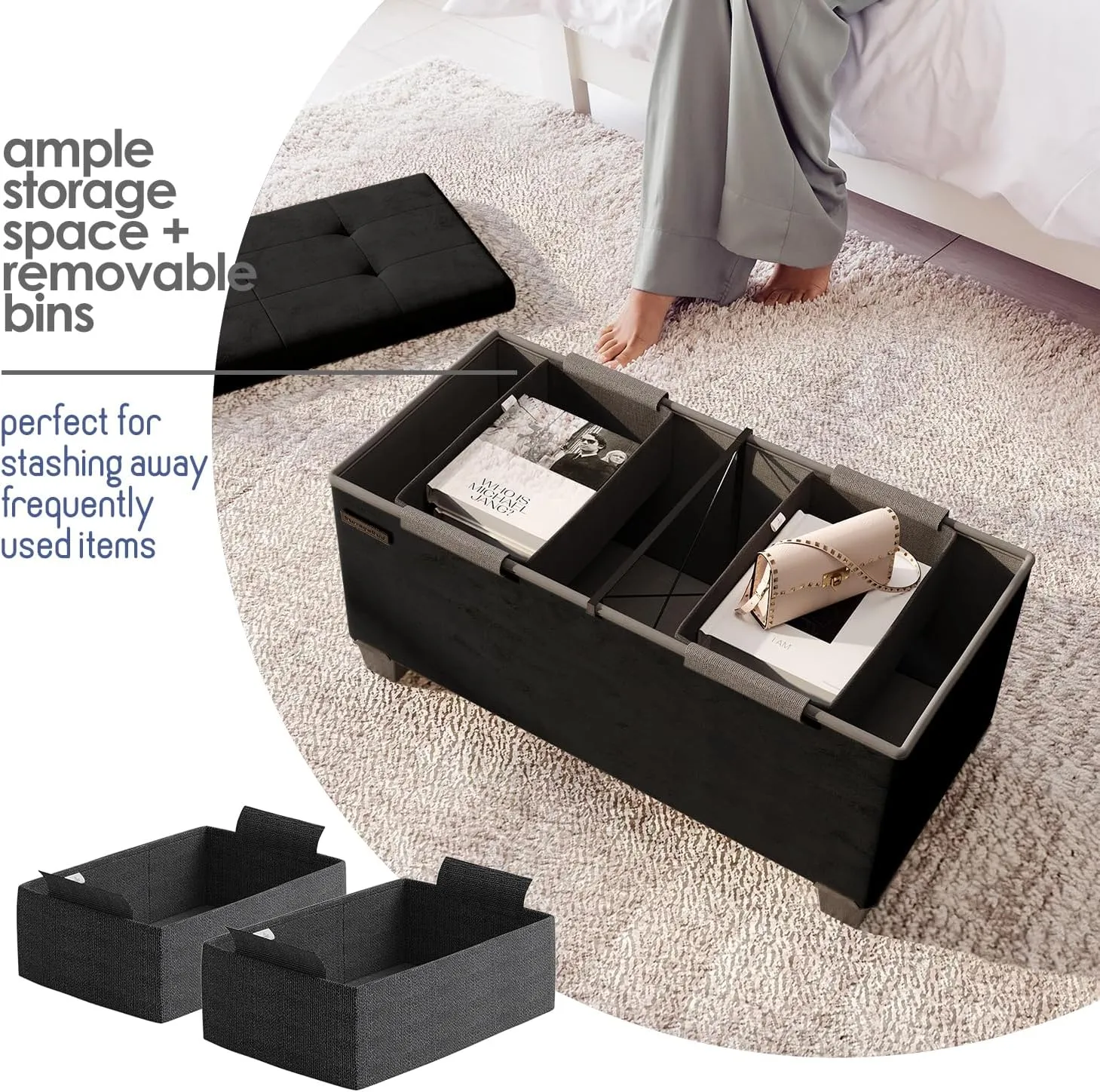 STORAGEBUD Storage Ottoman Bench with Bins, 30-in Storage Bench for Bedroom End of Bed, Folding Foot Rest Ottoman for Living Room Max 660lbs, Velvet Ottomans, Black