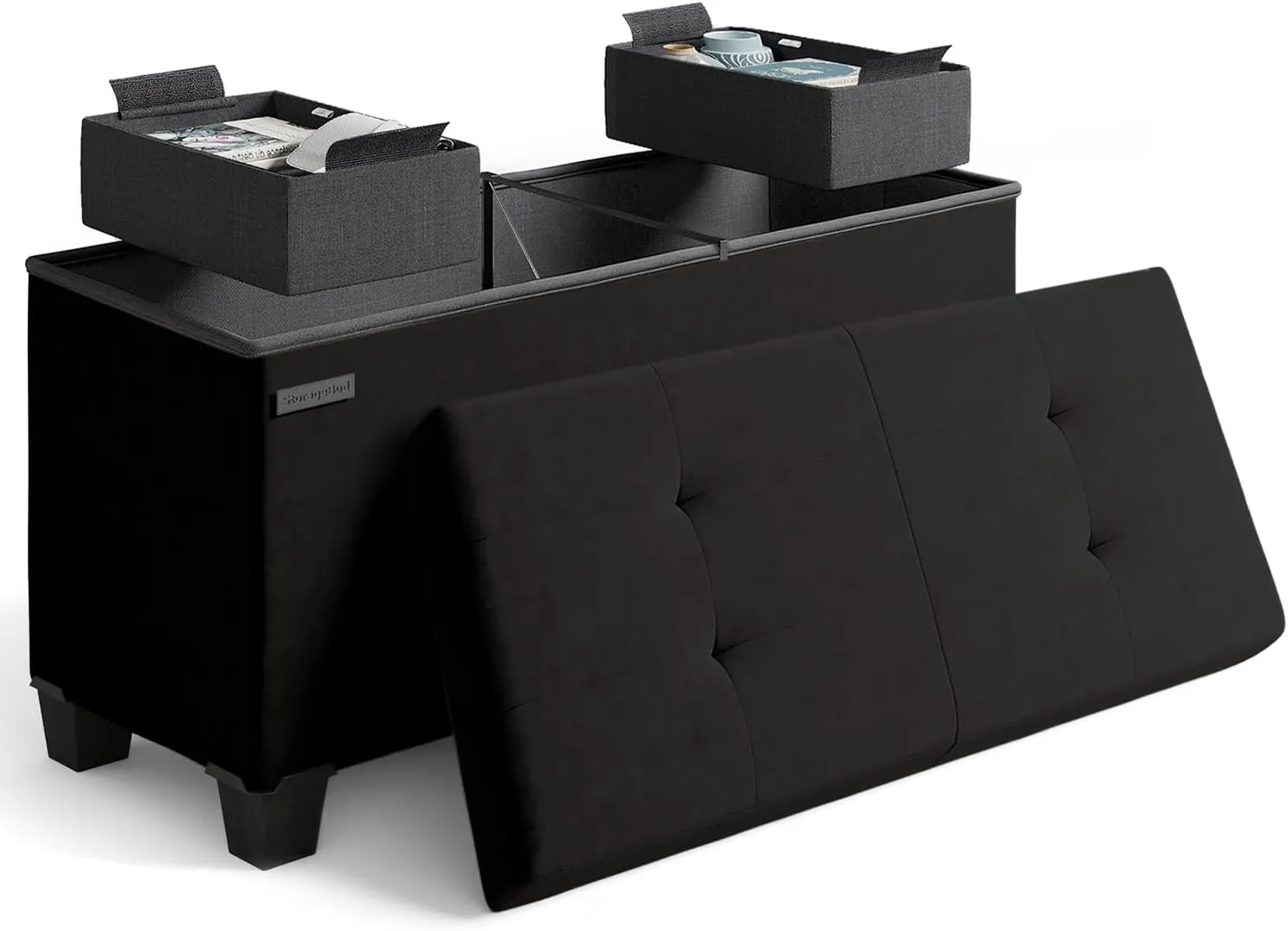 STORAGEBUD Storage Ottoman Bench with Bins, 30-in Storage Bench for Bedroom End of Bed, Folding Foot Rest Ottoman for Living Room Max 660lbs, Velvet Ottomans, Black