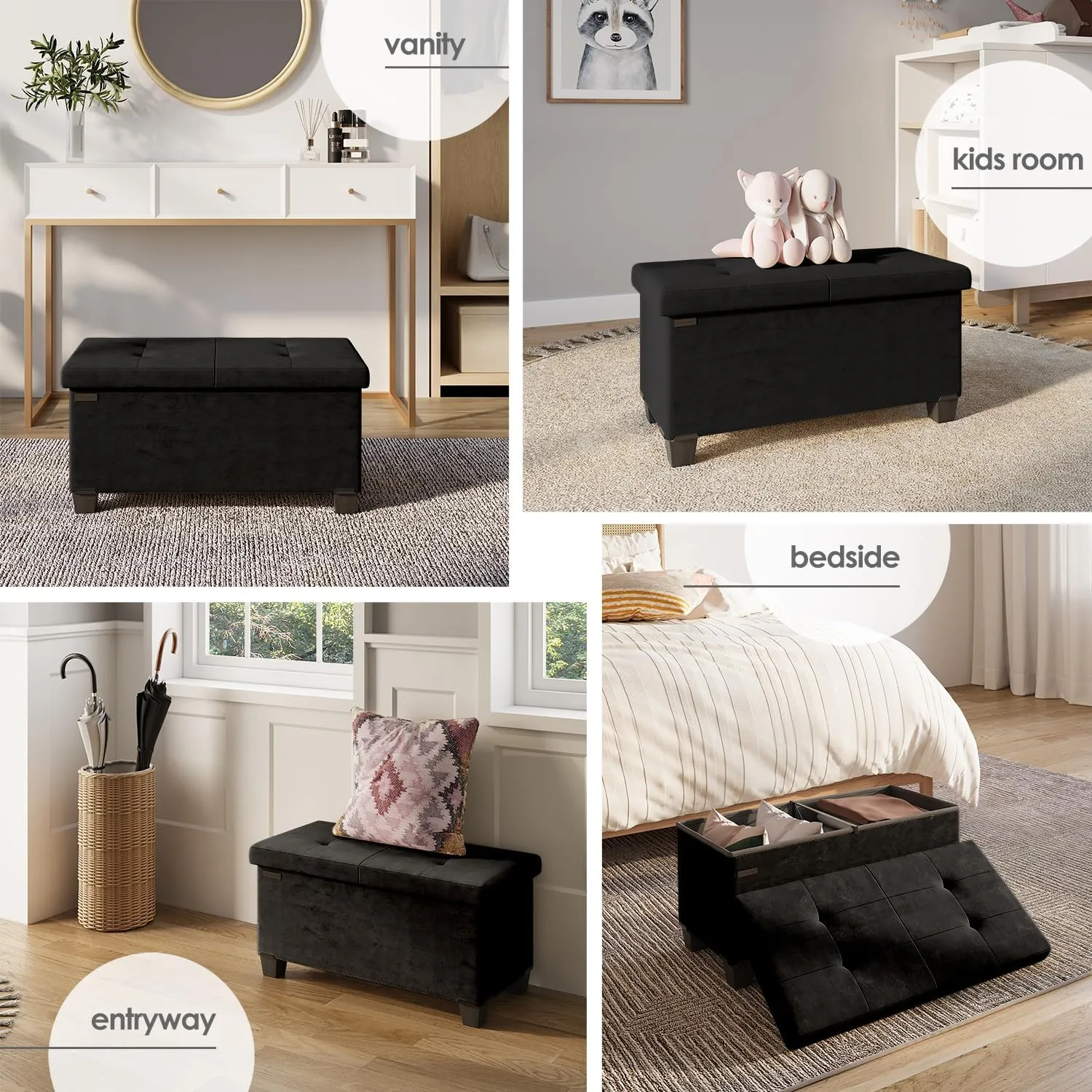 STORAGEBUD Storage Ottoman Bench with Bins, 30-in Storage Bench for Bedroom End of Bed, Folding Foot Rest Ottoman for Living Room Max 660lbs, Velvet Ottomans, Black