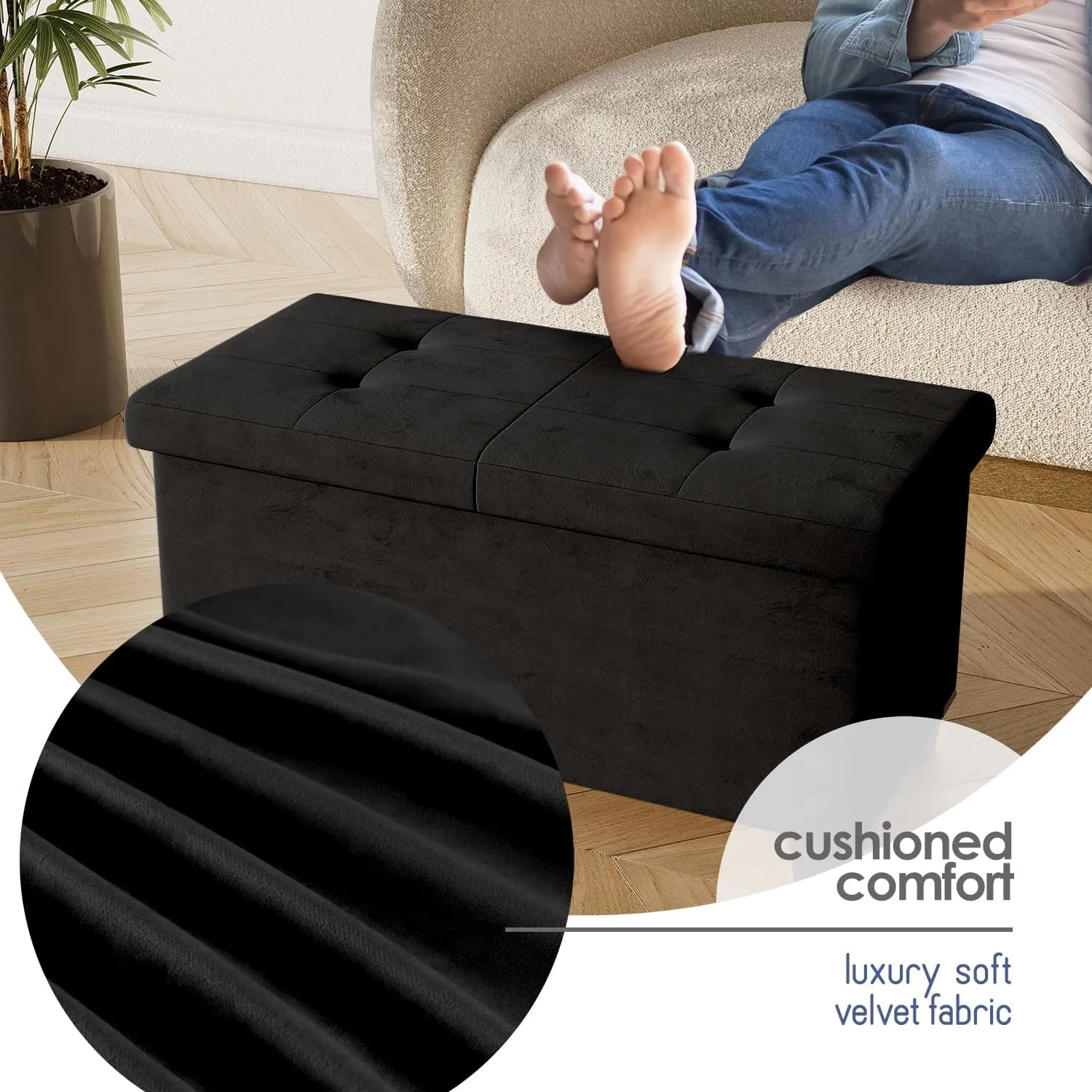 STORAGEBUD Storage Ottoman Bench with Bins, 30-in Storage Bench for Bedroom End of Bed, Folding Foot Rest Ottoman for Living Room Max 660lbs, Velvet Ottomans, Black