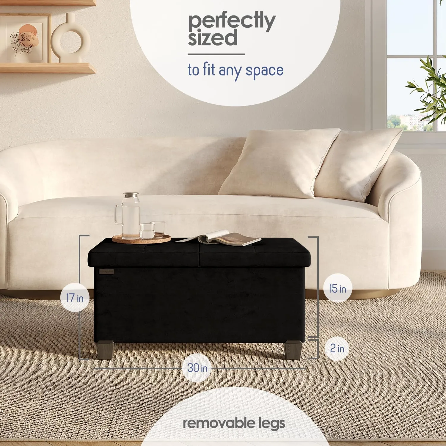 STORAGEBUD Storage Ottoman Bench with Bins, 30-in Storage Bench for Bedroom End of Bed, Folding Foot Rest Ottoman for Living Room Max 660lbs, Velvet Ottomans, Black