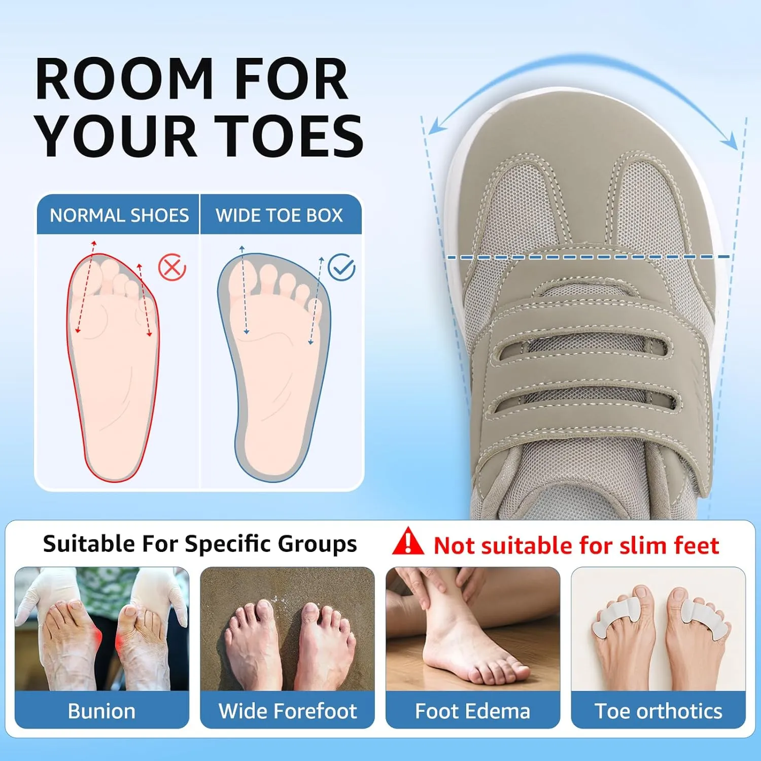 STQ Wide Toe Box Shoes Wome, Hook and Loop Orthopedic Walking Shoe for Seniors, Bunions, Plantar Fasciitis, Hammertoes, Swollen Feet