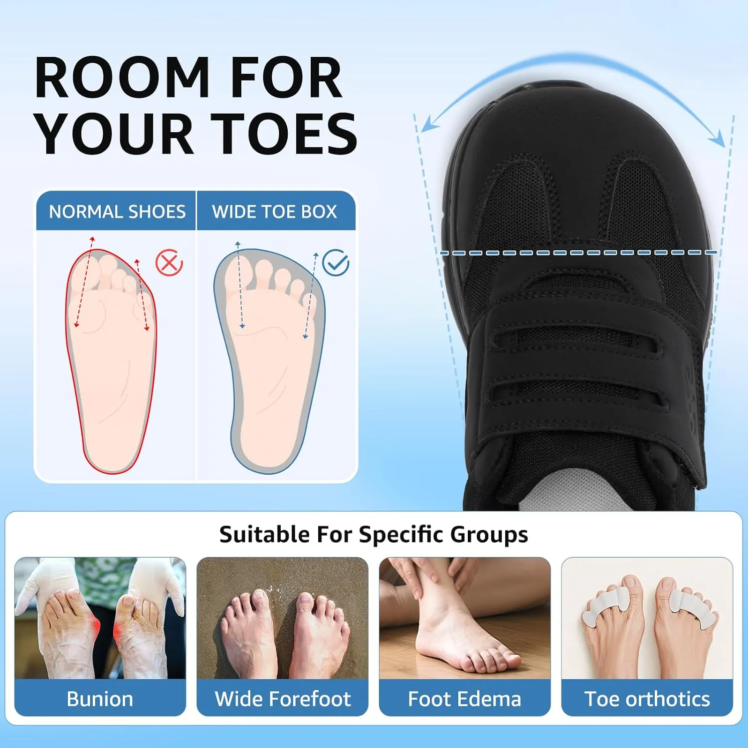 STQ Wide Toe Box Shoes Wome, Hook and Loop Orthopedic Walking Shoe for Seniors, Bunions, Plantar Fasciitis, Hammertoes, Swollen Feet