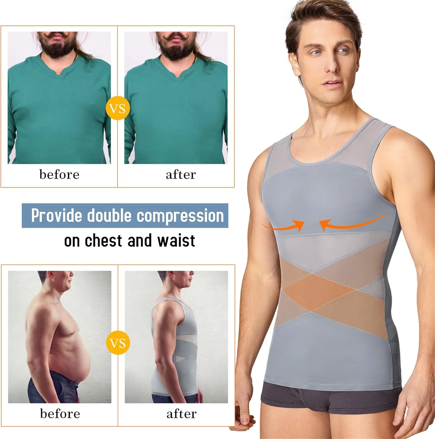 TAILONG Men's Compression Shirt for Body Shaper Slimming Vest Tight Tummy Underwear Tank Top